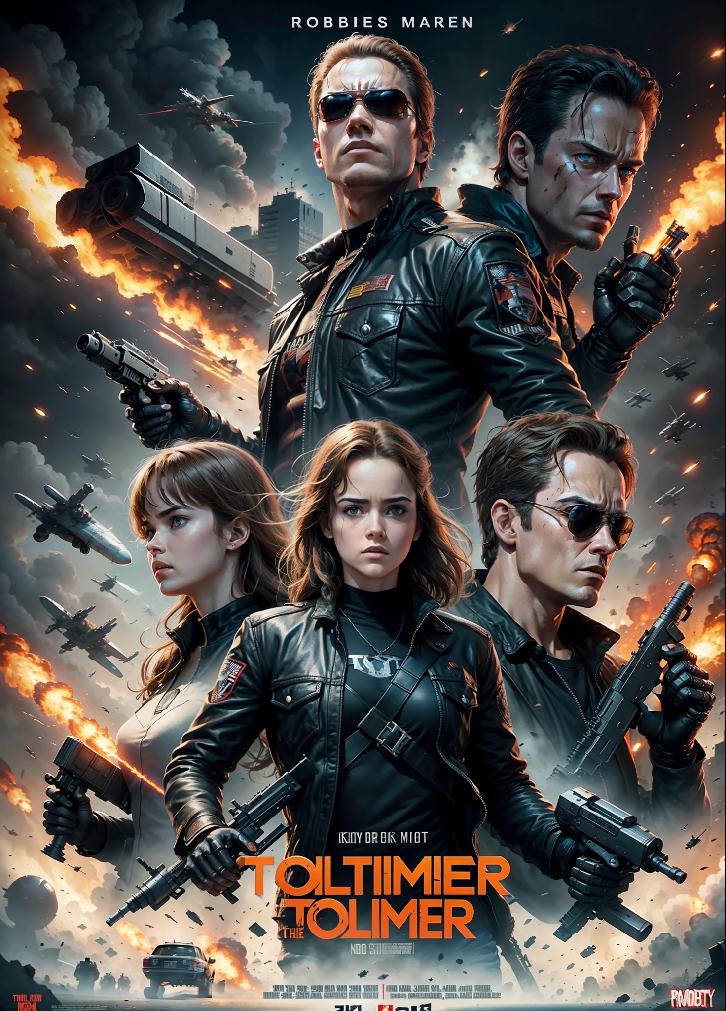 Poster of the robot movie Terminator, explosions, weapons, cars, planes
