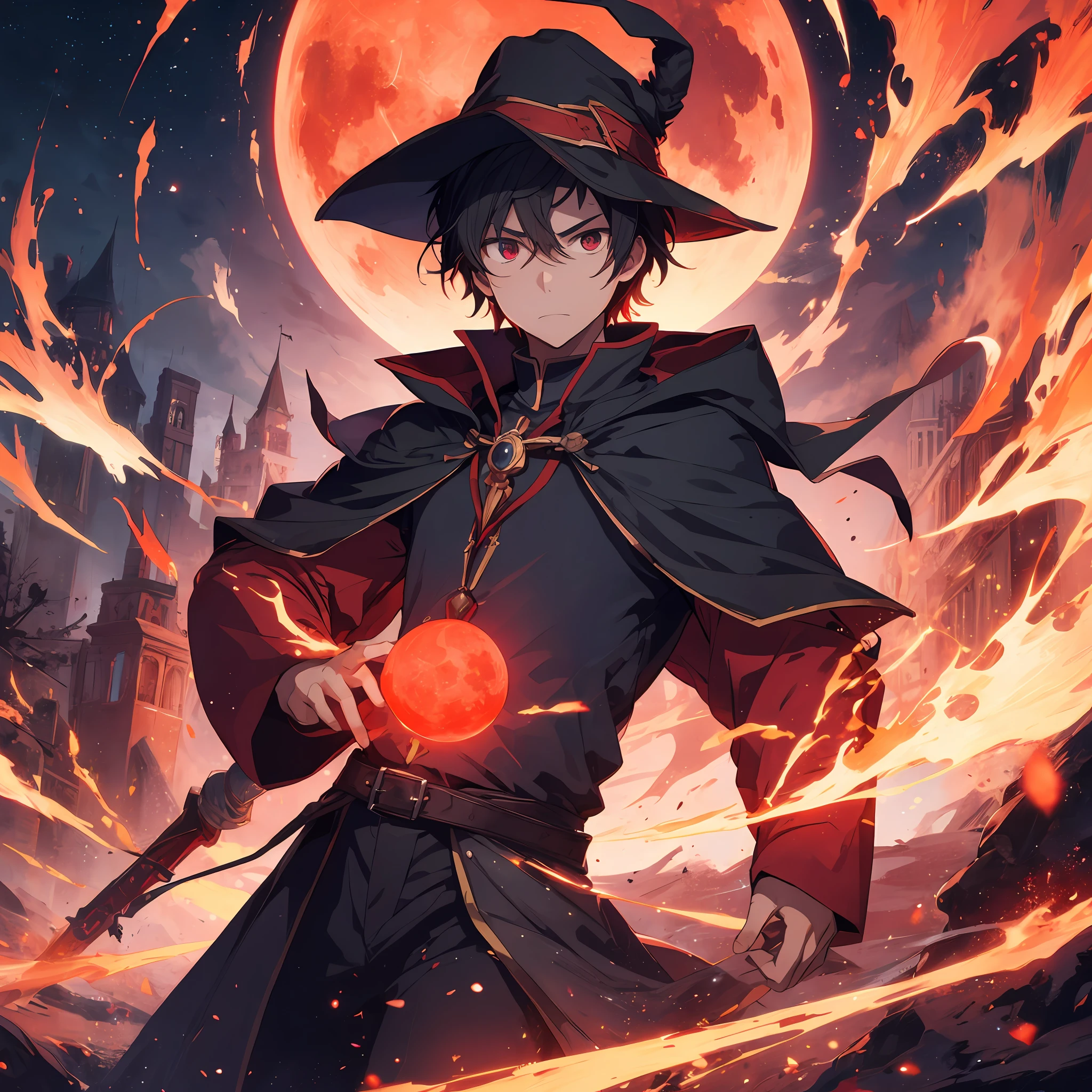 A mage，boys，close shot，The expression is serious，Stand under the red moon