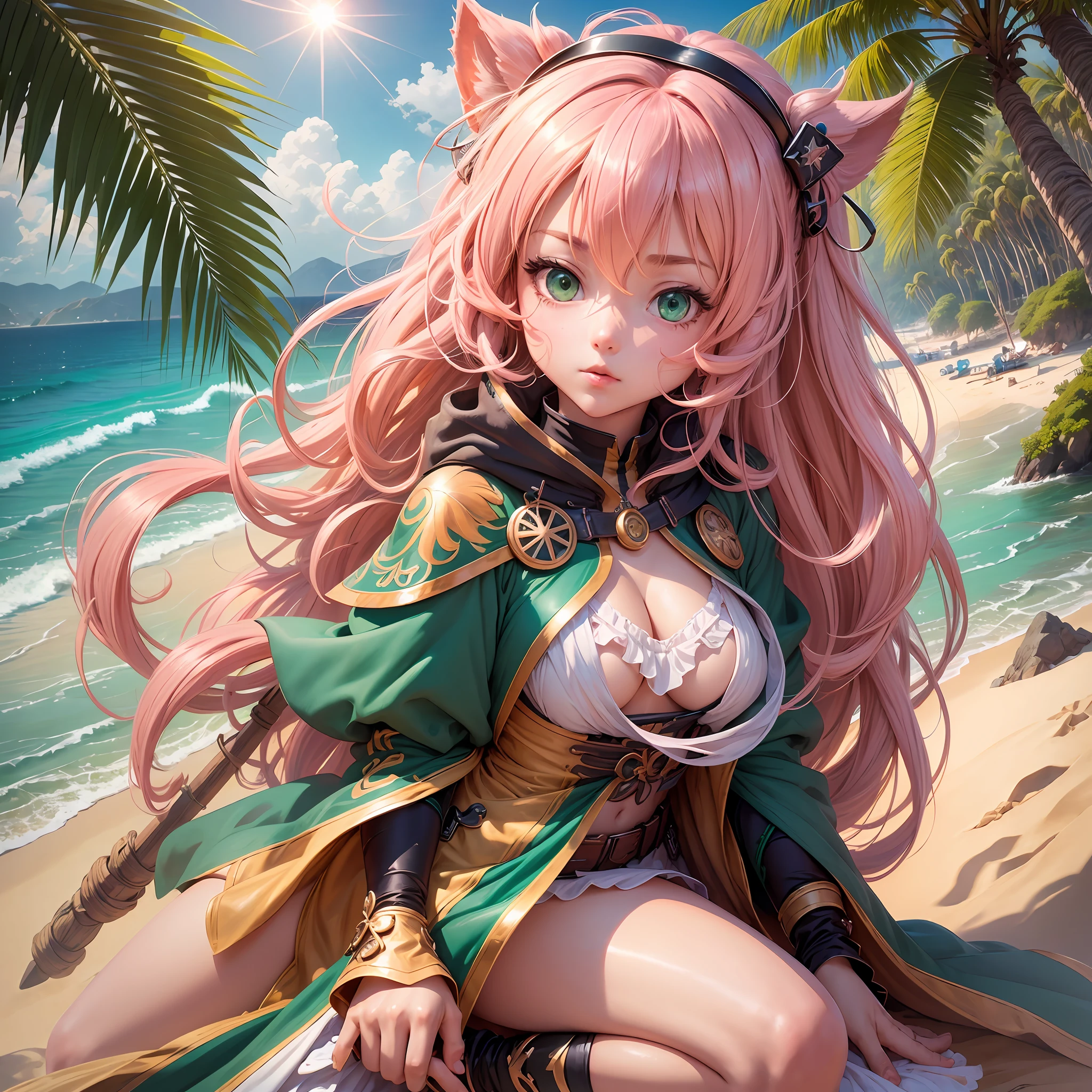 (extremely detailed CG unit 8k wallpaper, masterpiece, best quality, ultra detailed), , pink hair, long hair, green eyes, Beach clothes, sun shining, shiny skin, sun flash, cleavage, small, play in the sand --auto --s2