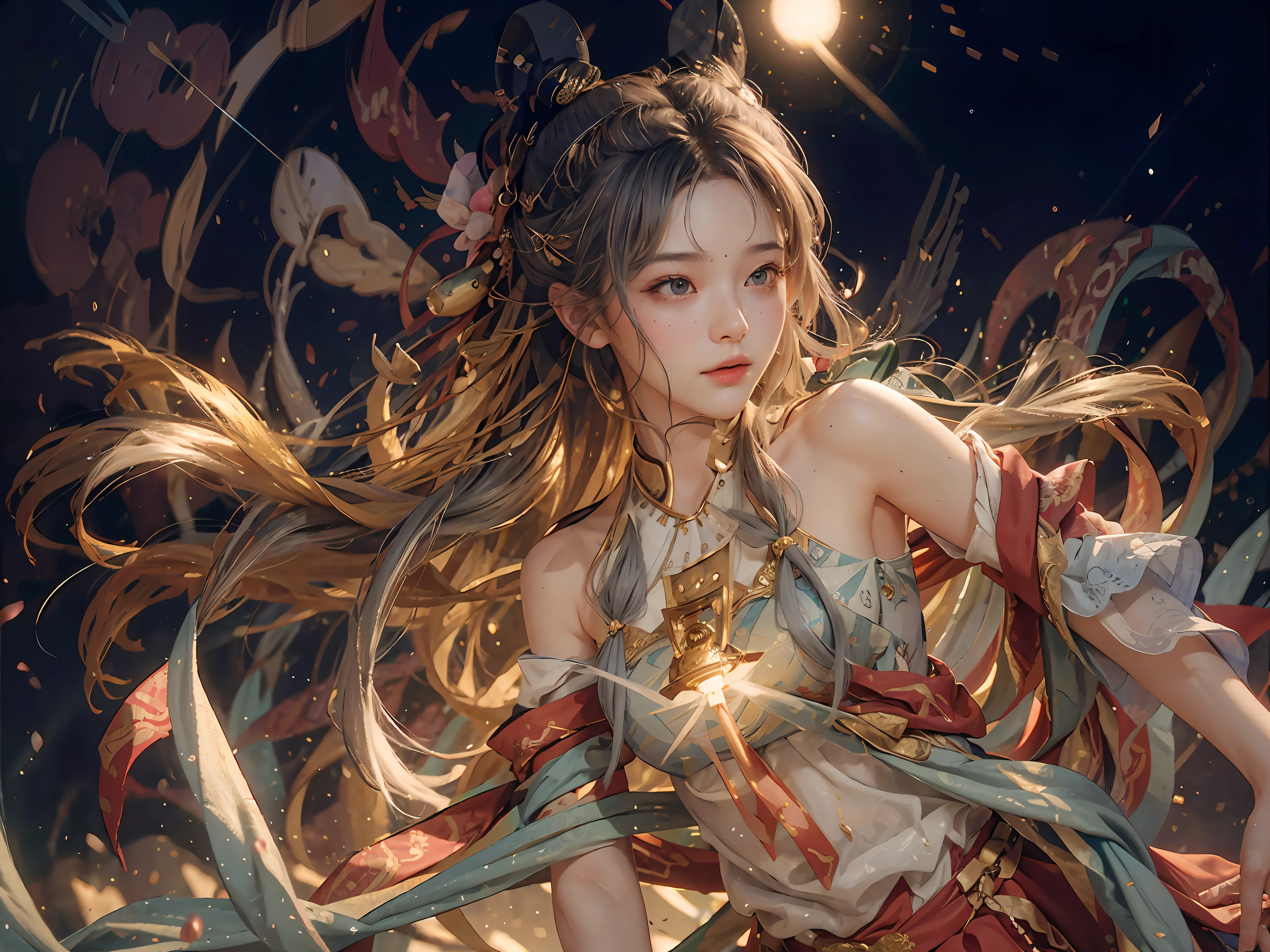 (RAW Photo, Best Quality), (Realistic, Photorealistic Real: 1.3), Best Quality, Highly Detailed, Masterpiece, Ultra Detailed, Illustration, 1 Girl, upper_body, Dynamic Angle, World Mastery Theater, messy_long_hair, Best Quality, Extremely Detailed CG Uniform 8k Wallpaper, Ink, Amazing, Sexy, Peach Blossom Eyes, Gray Hair, Smile, Movie Lights, lens_flare, dunhuang_style