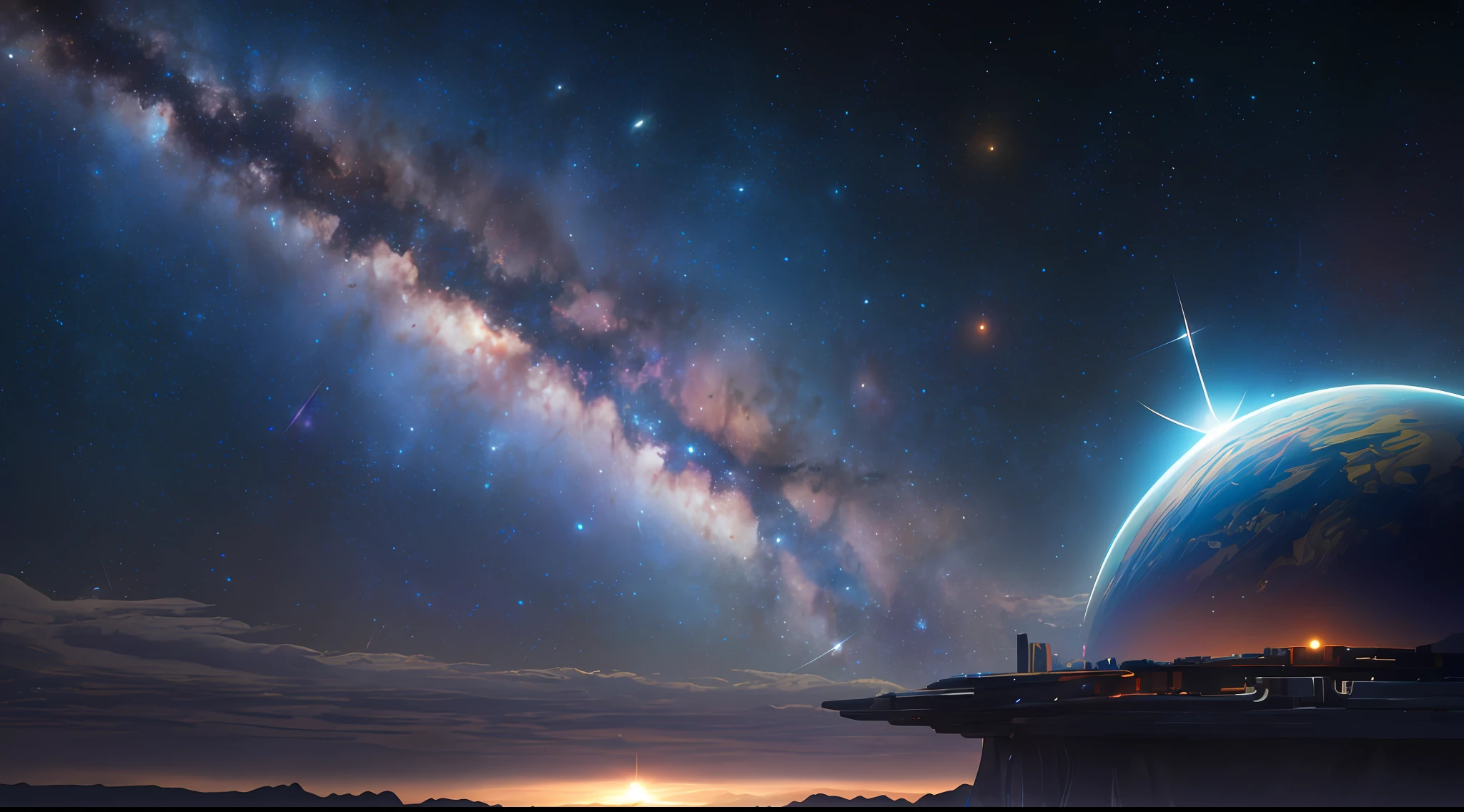 masterpiece, highest quality, high quality, highly detailed cg Unity 8k wallpaper, depth of field, HDR, photorealistic, highly detailed, complex, high detail, universe, galaxy, star, planet, astronomy, universe, celestial object, nebula, black hole, solar system, cosmic rays, supernova, deep space, celestial body, cyberpunk girl looking up