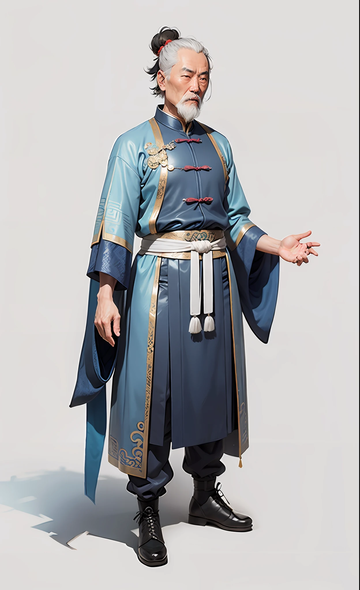 Ancient Chinese male, full body photo, poet, 50 years old, gray background, blue clothes