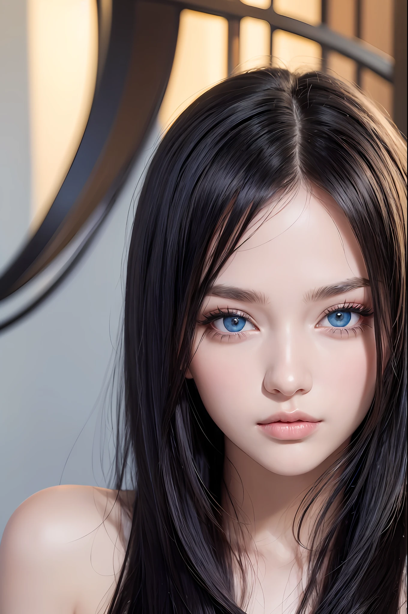 masterpiece, best quality, beautiful young woman, shiny blue eyes, (detailed pupils:1.2), eyelash, beautiful light black hair, streaked hair, multi color, medium hair, perfect face, detailed,