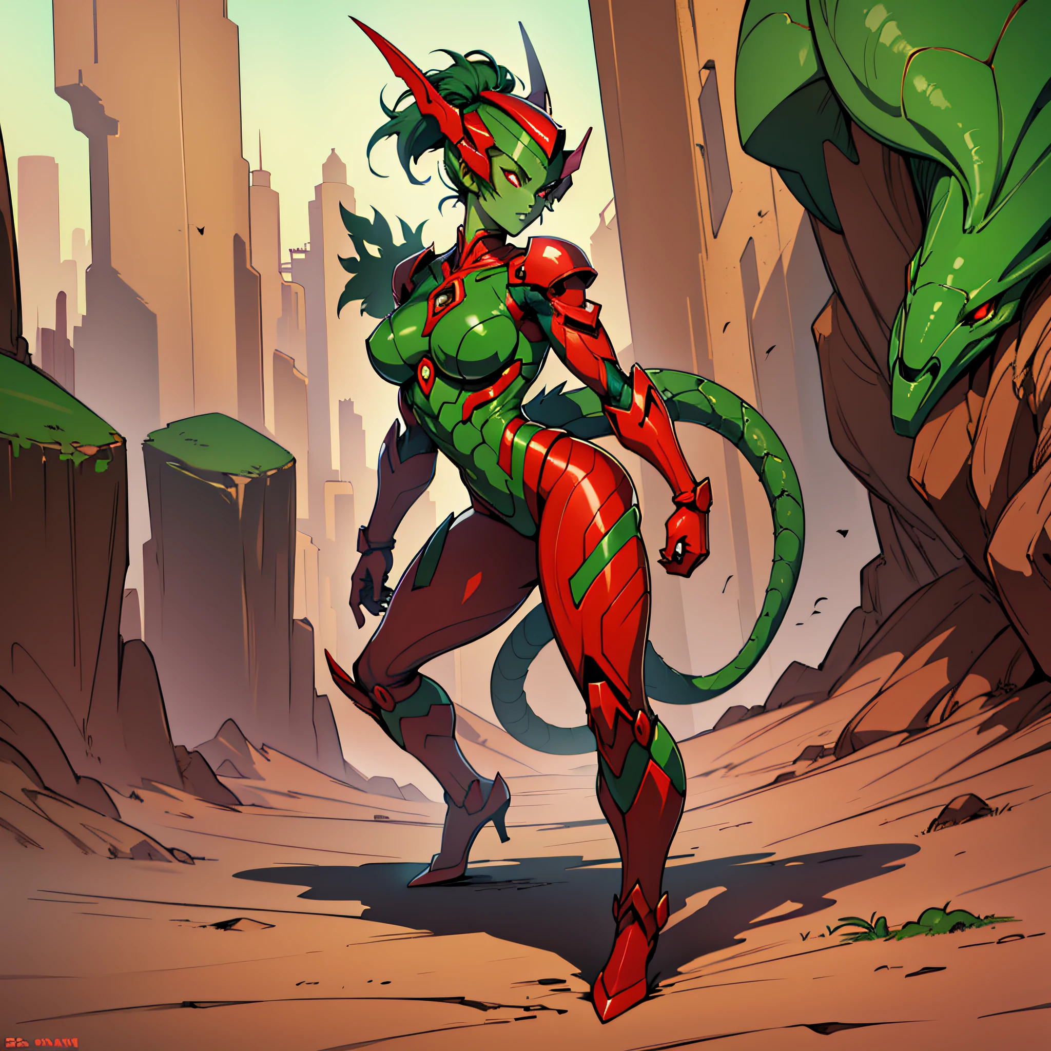 Cartoon photo of woman in green and red costume, hot insect humanoid woman, Guyver style, SFW version, red eye, scaraber reploid, tail, cel shade adult animation, alien queen, serpentine pose, --auto --s2