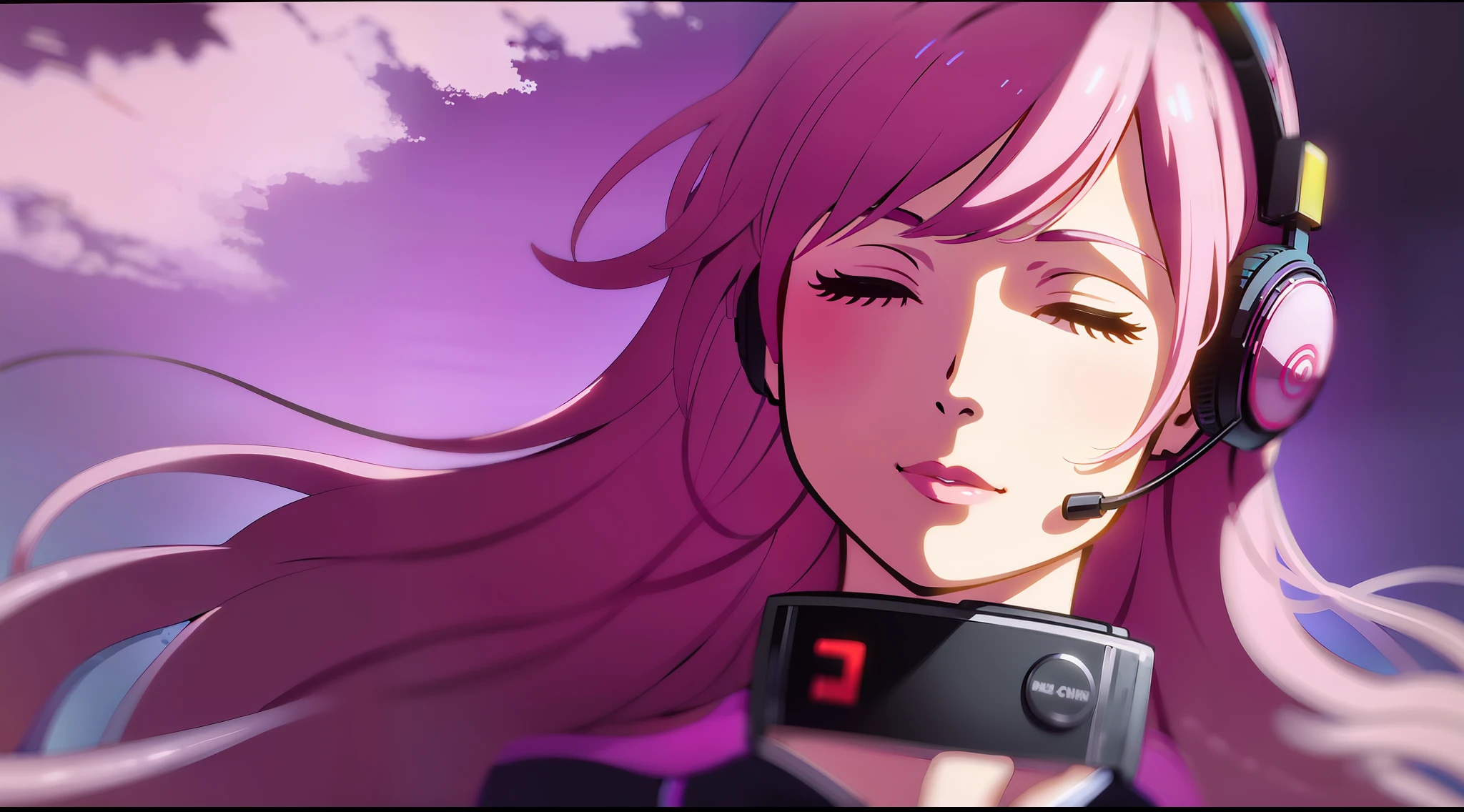 Woman with peace sense headset, closed eyes, beautiful face, RGB colors, anime pink hair, banner for youtube video, happy girl, clouds with RGB colors., bright RGB colors.