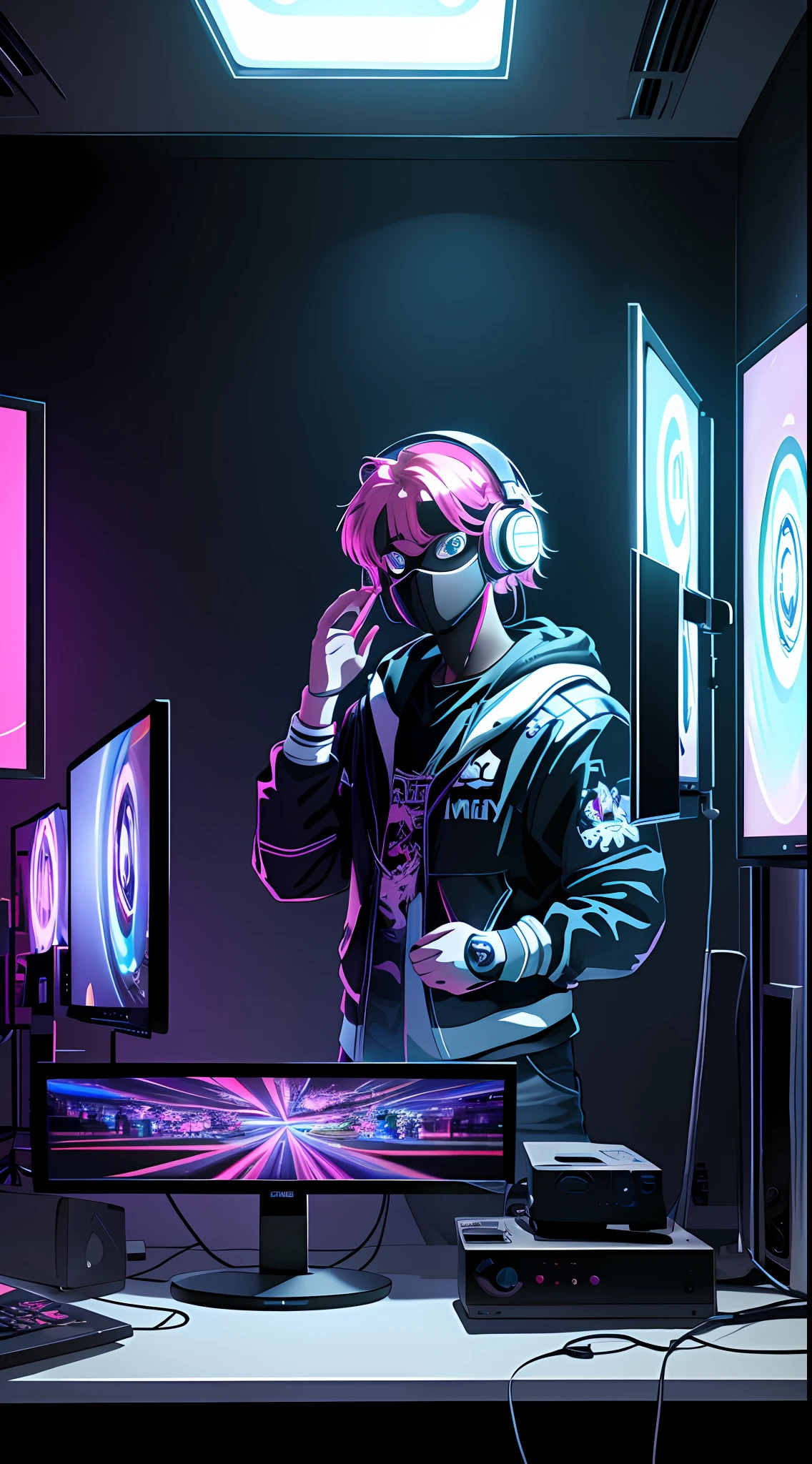 (masterpiece), (best illustration),(no humans), anime background, gaming bedroom, television with large computer, ring lighting , rim lighting,(extremely detailed CG unity 8k wallpaper),(masterpiece), (best quality), (vaporwave style), (ultra-detailed), (best illustration),(best shadow),perfect lighting , perfect anatomy , vivid colors,