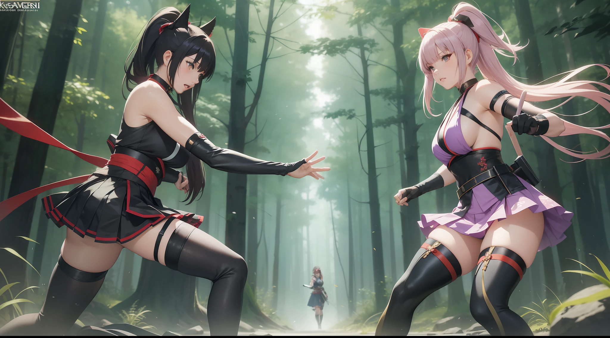 Full body shot of two female character from Dead or Alive game. Kasumi versus Ayame, fighting in a fierce duel death match with weapon short swords, with serious expression. Kasumi looking to Ayane, and Ayane looking to Kasumi. They have long loose hairstyle. They are wearing different color of sleeveless kimono, with a floral print skirt, an obi tied on back hip, a pair of 100% black thigh highs, black shoes, a pair of thin long black elbow gloves, hand guards, and a choker. Background set in a dark forest.