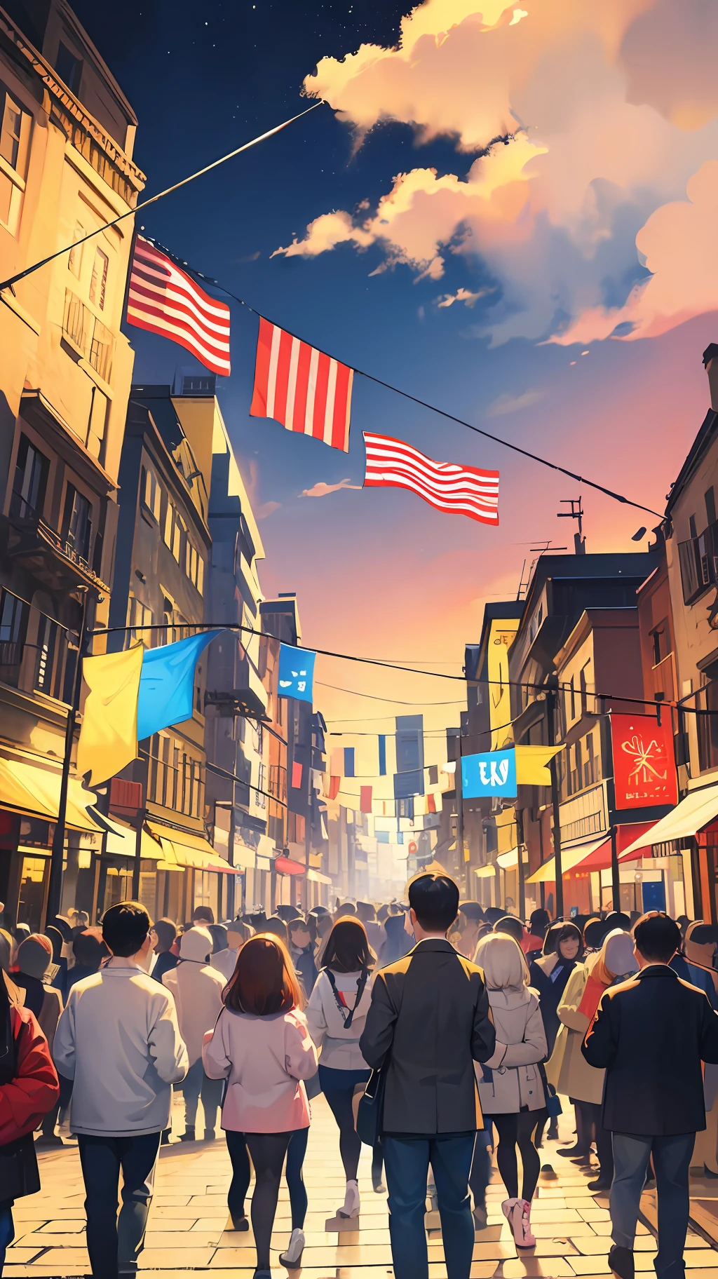 (masterpiece, best quality, realistic, 8k) People celebrating with blue and yellow flag, people celebrating with blue and red white flag --auto --s2