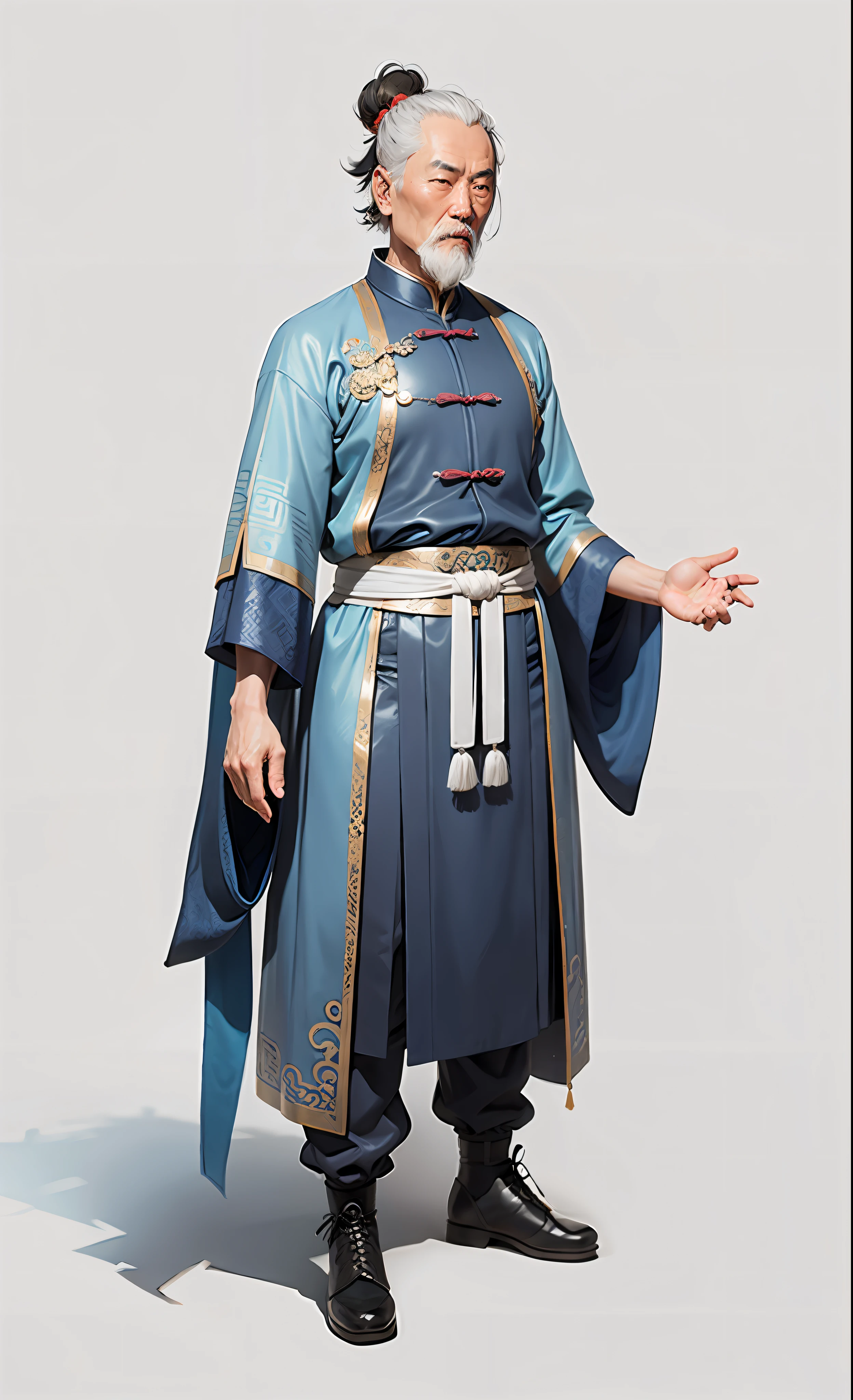 Ancient Chinese male, full body photo, poet, 50 years old, gray background, blue clothes