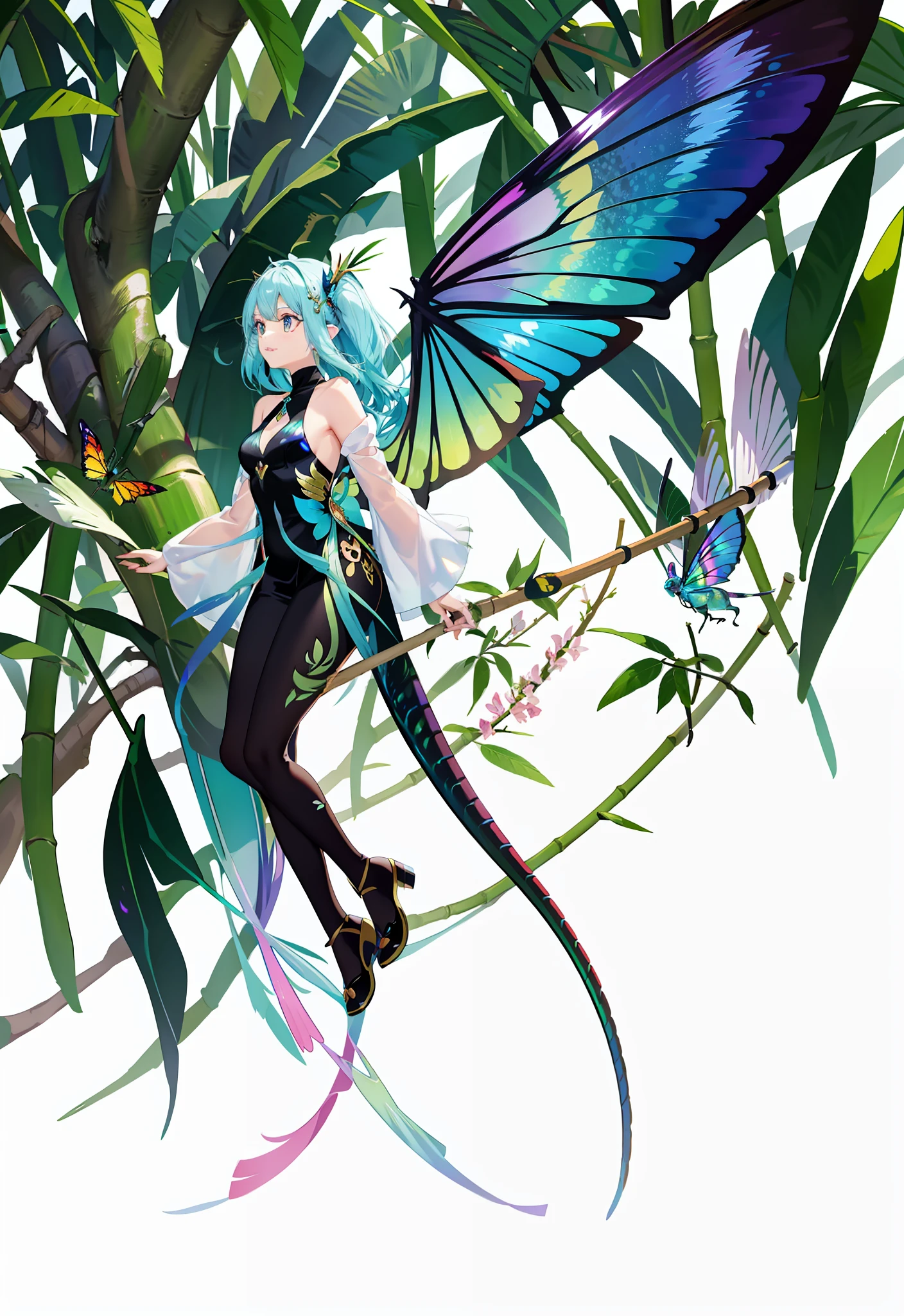Dragonflys with iridescent wings in bamboo forest photorealistic bright colors on a white background