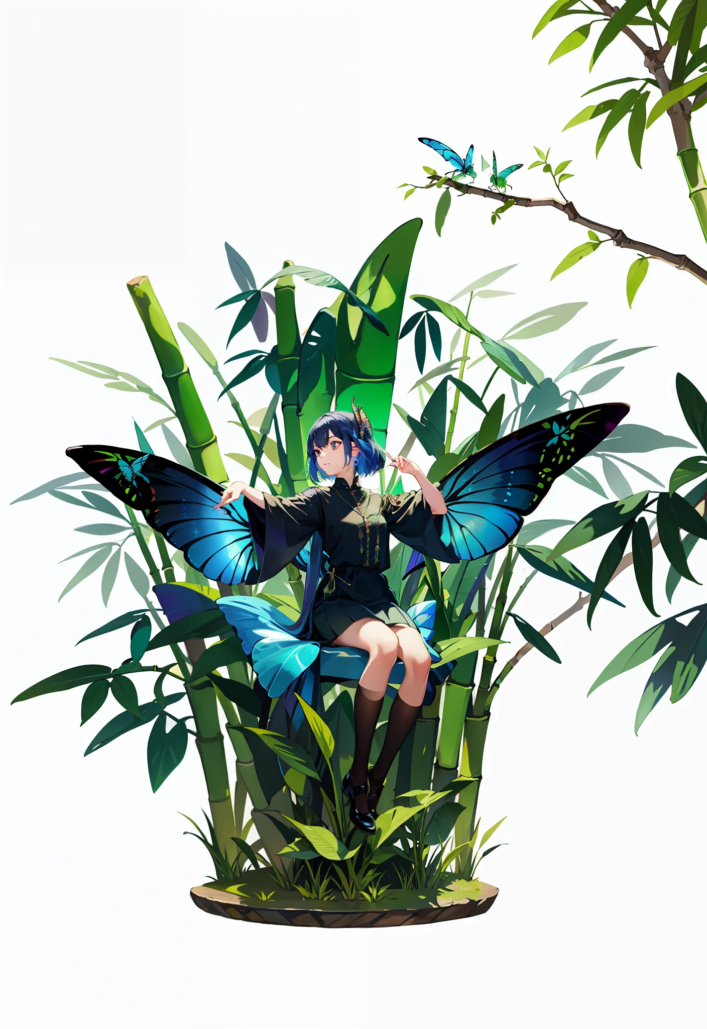 Dragonflys with iridescent wings in bamboo forest photorealistic bright colors on a white background
