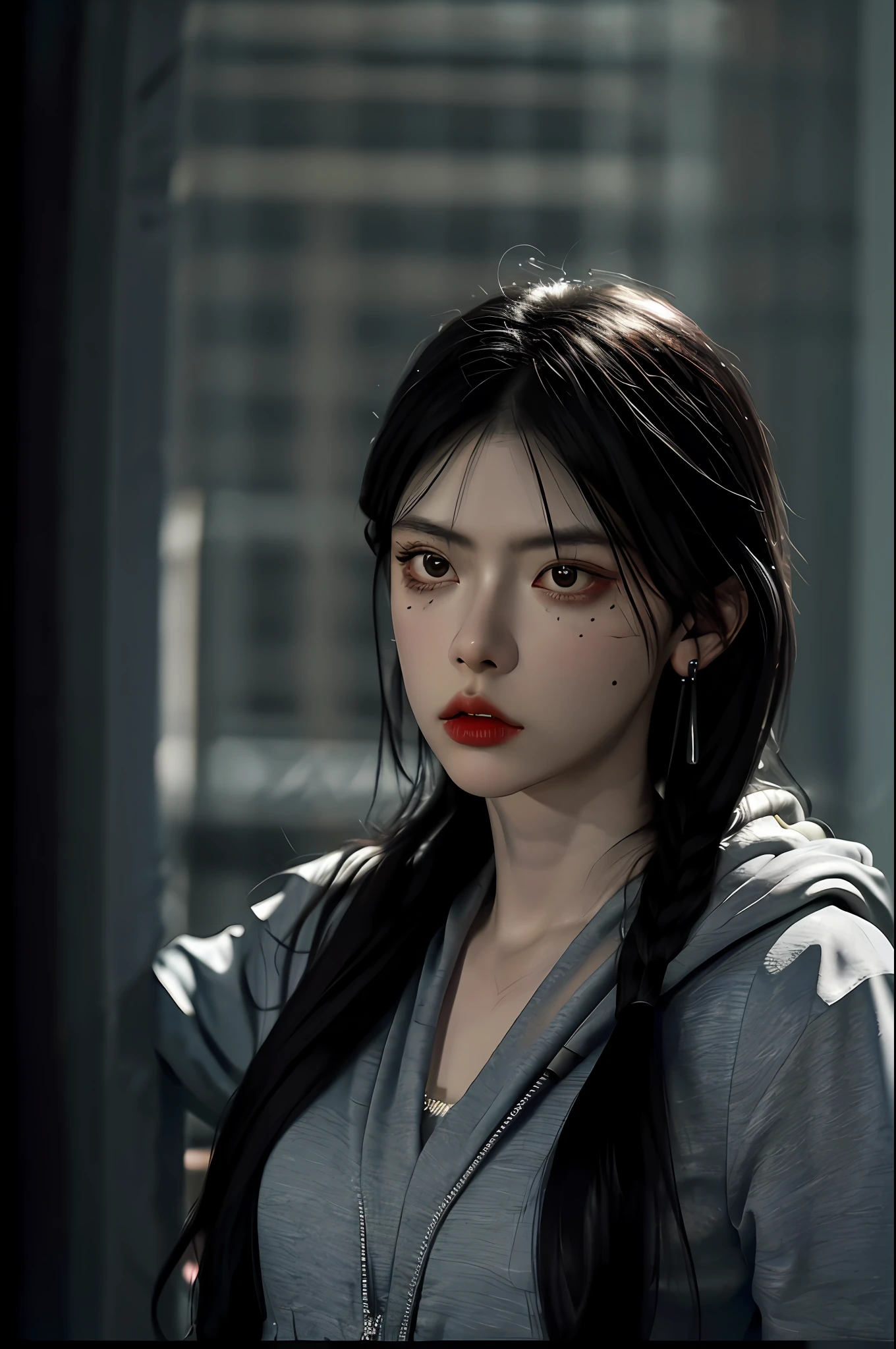 (8k, RAW photos, best quality, masterpiece: 1.2),
1 Girl, Solo, Red Eyes, Jewelry, Earrings, Black Hair, Blood, Hood, Looking at the Audience, Lips, Portrait, Shut Up, Hood, Weapon, Black Cloak, Close Up, Facial Detail, Face Close-up, Gicheme, Street, Rain, (Night: 0.7), (UE Rendering: 1.3), (Soft Light on Face: 1.5), (Dim Light: 1.2), Killer, Fierce Eyes, Killer Image, Delicate Eyes, (Movie Lighting: 1.3), Eyes of Fire, Hair More Than One Eye, (Head Down: 1.1), (3D Unreal Engine: 1.3), Red Eyes, Staring at the Audience, Raindrops, Reflectors, Incandescent Lamps, Yellow Light, Scars on Face, Blood Stains on Face