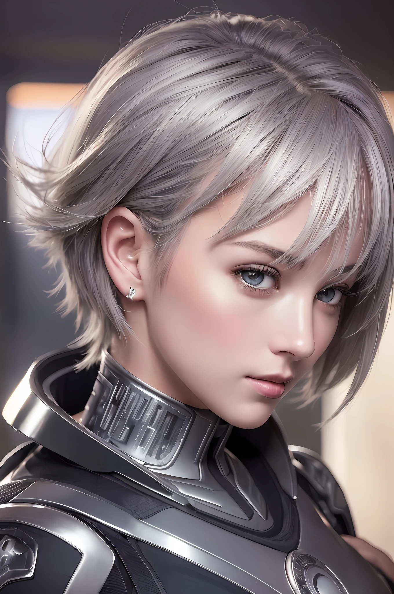 (8k, photorealistic, RAW photo, top quality: 1.4), (1girl), super beautiful, (realistic face), (boyish, silver-colored berry short hair), beautiful cyberpunk suit, glares seducing viewer, beautiful expression, beautiful breasts, (realistic skin), beautiful smile, (soldier), attractive, ultra high resolution, ultra realistic, high definition, spoiled