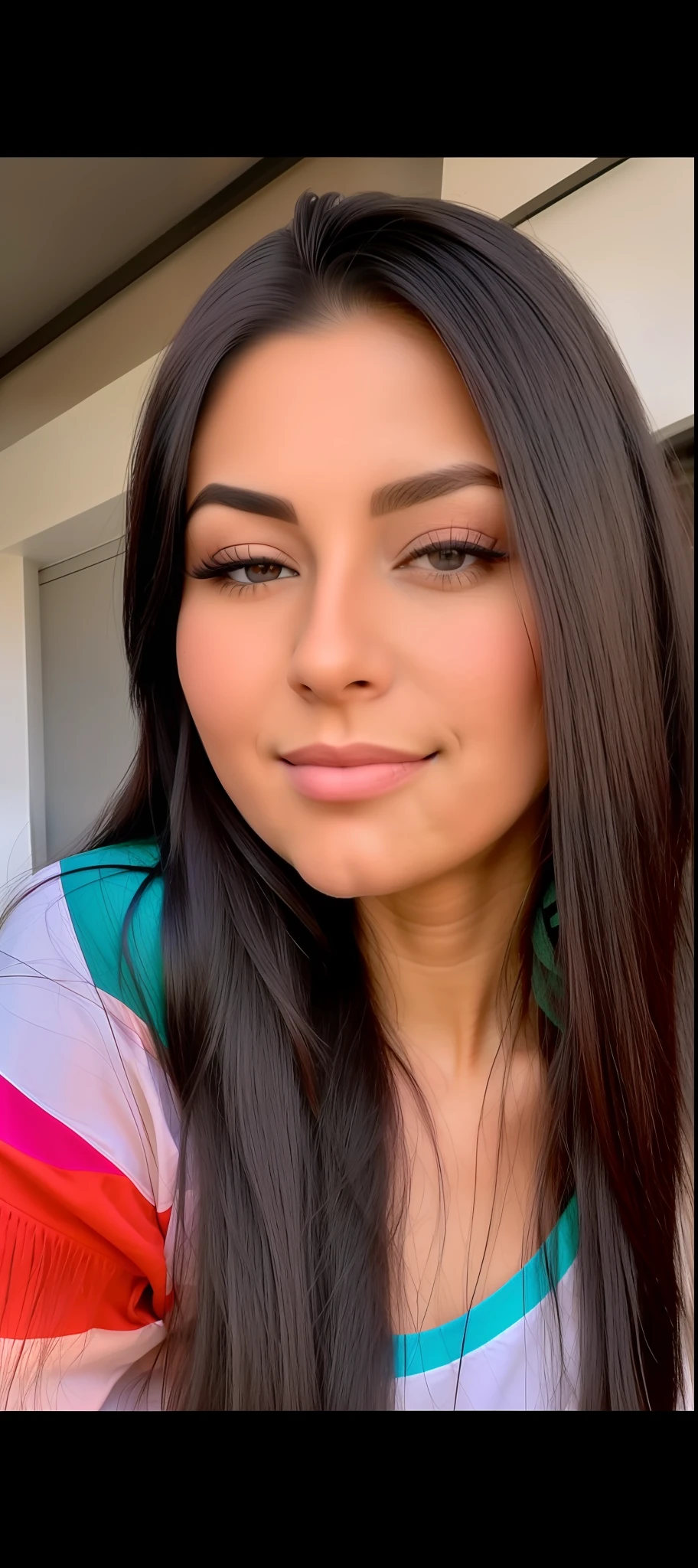 arafed woman with long black hair and a colorful shirt, alanis guillen, lorena avarez, violet myers, frontal picture, profile image, selfie of a young woman, gorgeous latina face, beautiful mexican woman, headshot profile picture, 1614572159, leaked image, ayahausca, julia fuentes