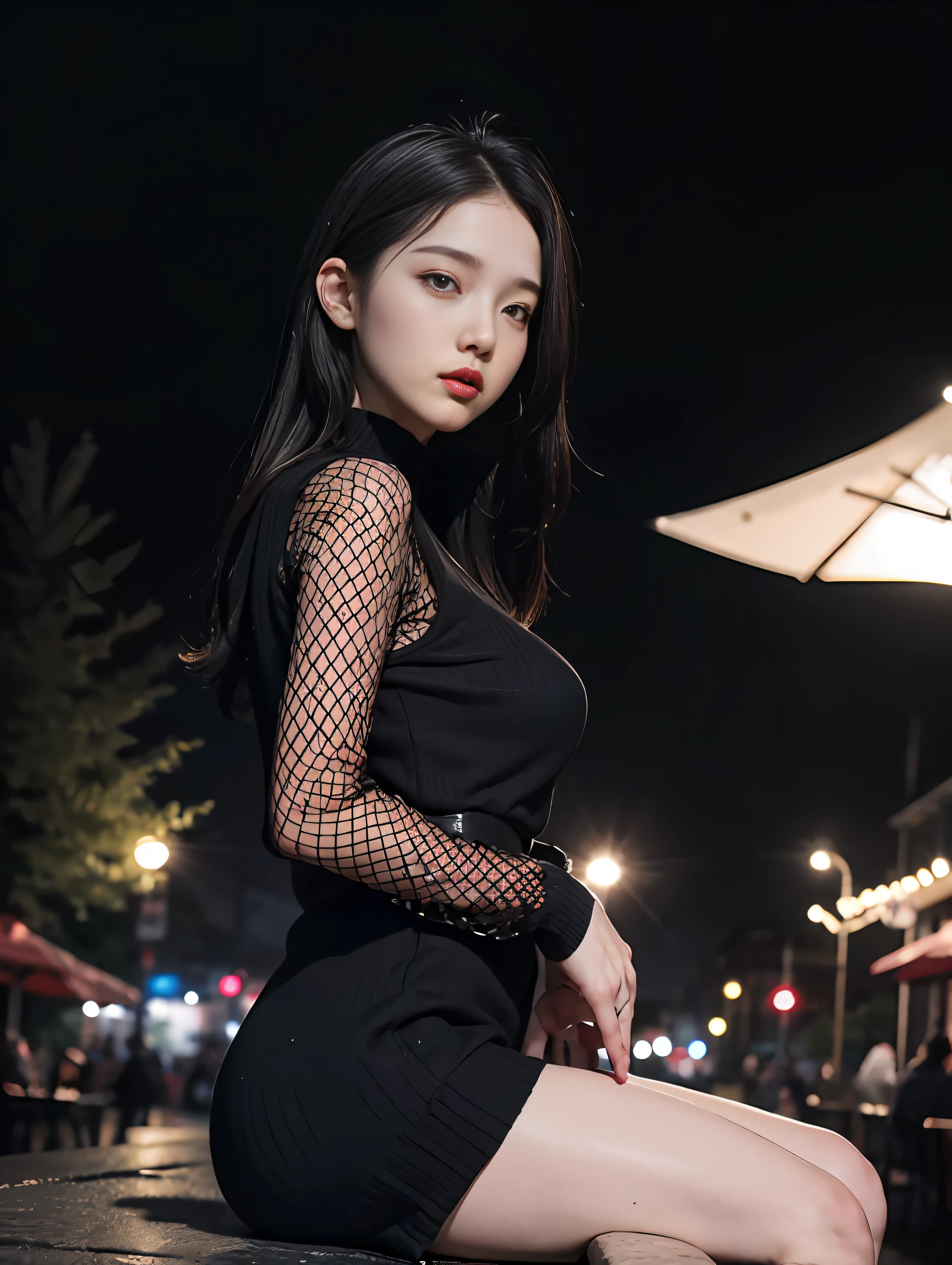 Black and white, cinematic bloom,Raw photo, realistic,girl, Korean girl,age 22, full body,pale skin,petite body, beautiful face, detailed face,black fishnet sweater dress,big breasts, upper body, sitting, cowboy shot, outdoor, night, restaurant, ((looking at viewer:1.4)),((face towards me)), from below,side profile