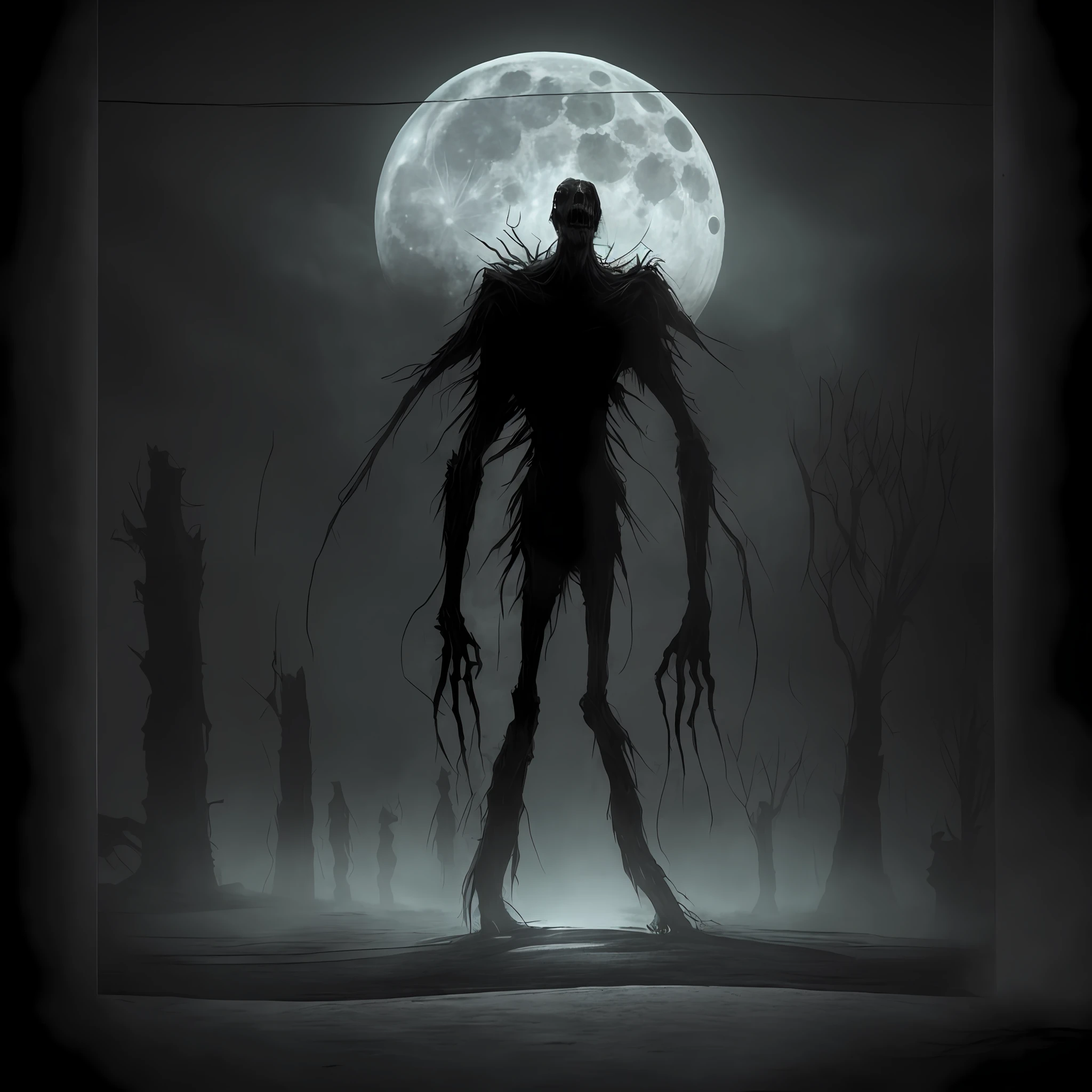 a creepy and ominous (creature/monster) stands beneath the (full moon), looming shadows of dark figures in the background add to the eerie atmosphere.