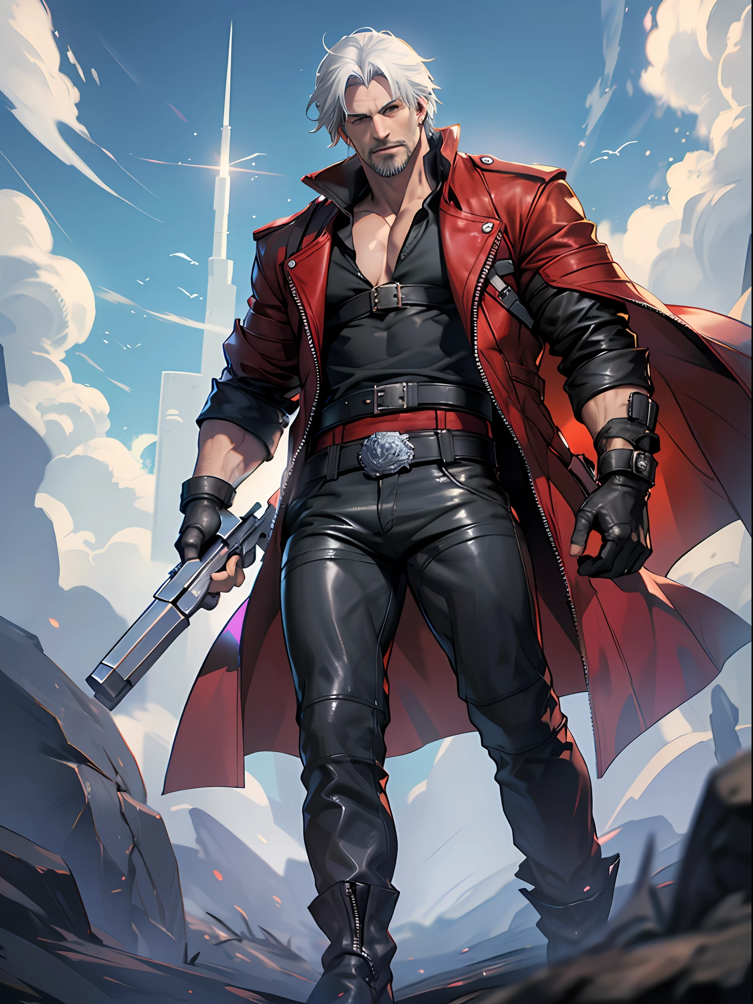 1 man, solo, full body shot, Dante Redgrave, 40 year old, tall, hunk, lean muscle, white hair, gray facial hair, curtain hairstyle, red long coat, black shirt inside, black boots, fingerless gloves, belt, black leather pant, holding 2 pistols on 2 hands, blue and cloudy sky in the background, volumetric lighting, shadows, depth of field, detailed face