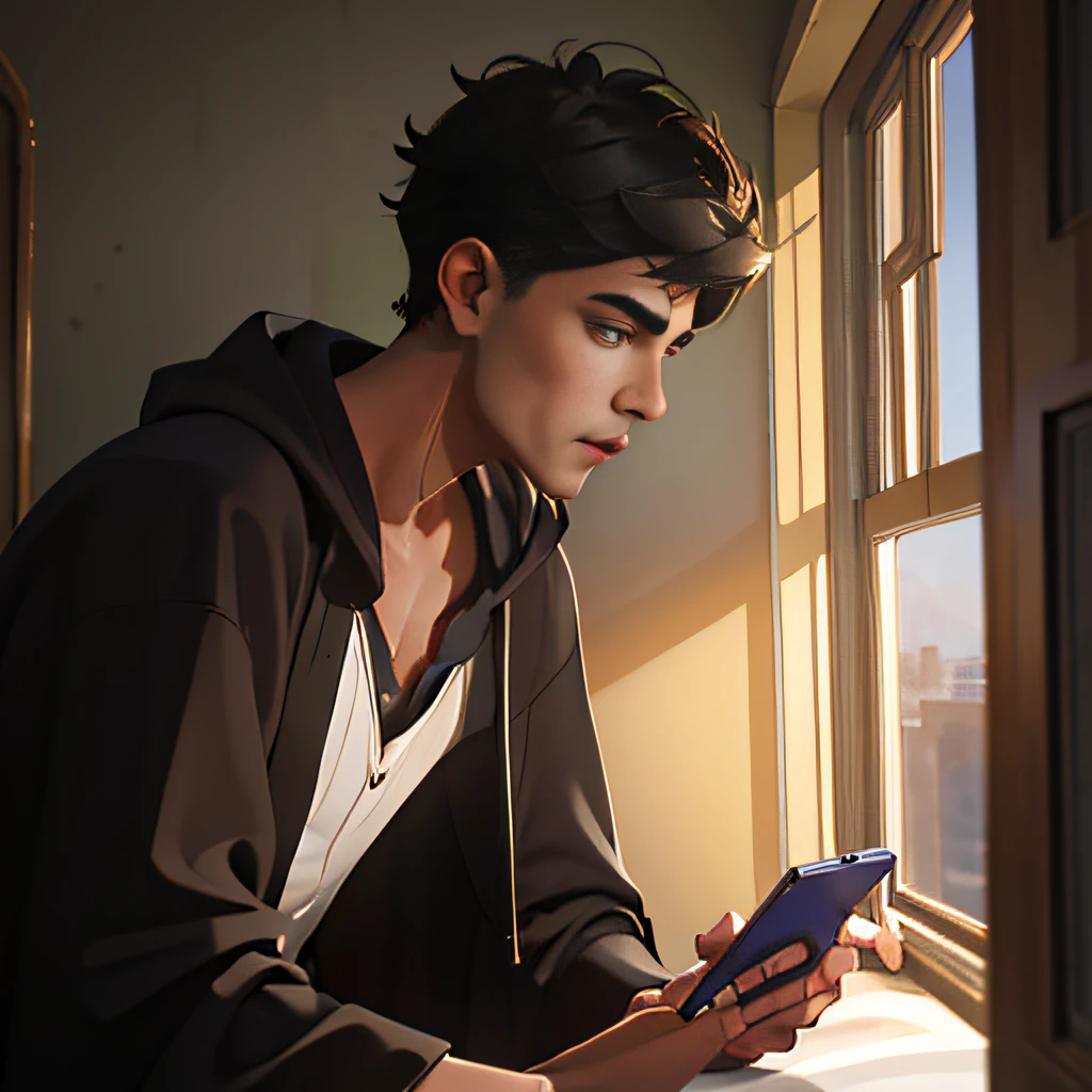 A 20-year-old boy with short hair in a black robe, head down, chatting with smartphone, back against windowsill, bedroom, bed, lamp, night, upper body side display, masterpiece, textured skin, high quality, high resolution