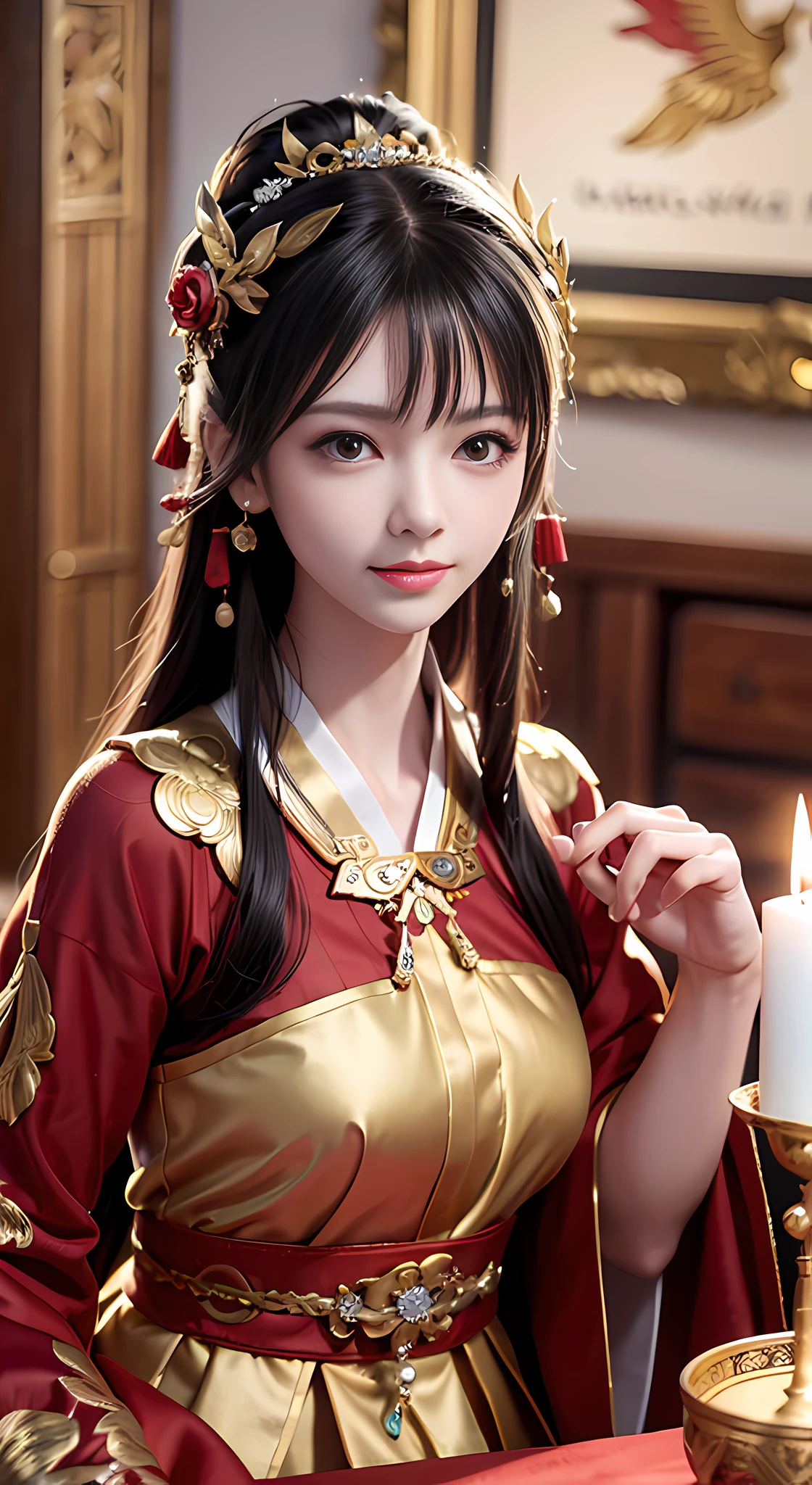 Portrait of Figures, Ancient China, Oriental Women, Tang Style, Double Happiness Background, Wedding Room, Cave Room, Costume Bride, Red Wedding Dress, Red Han Dress, Phoenix Crown Xia Curtain, Hair Coiled, Full of Pearls, Flower Dan Between Eyebrows, Red Candle, Candlelight Illuminates the Room, Best Quality, Original, Very Detailed Masterpiece, Very Detailed CG, Delicate Face, Divinity, Masterpiece, Delicate Face, Smile, 4K Picture Quality, Girl, Hanfu, Black Hair, Bun, Hair Ornament, Jewelry, Exquisite Face, Red clothes, golden patterns, phoenix crown veils, red wedding dresses, newlyweds, festive, delicate skin, soft light effects, delicate and smooth hair, exquisite details, eye highlights, fair skin, fine portrayal, extreme details, cinematic quality, charming, thin, cute, slender, well-behaved, shy, black eyes, interior, candlelight, romantic, warm, smile, tsurime, makeup, sad, depressed, sulking, sobbing, lonely, disappointed, crying, tearing up, tears, Surrealism, ray tracing, UHD, high details, super detail, highres, 8k, high quality, high details, textured skin, ccurate, anatomically correct, best quality, highres, high quality, textured skin, high details, anatomically correct, super detail, anatomically correct, anatomically correct