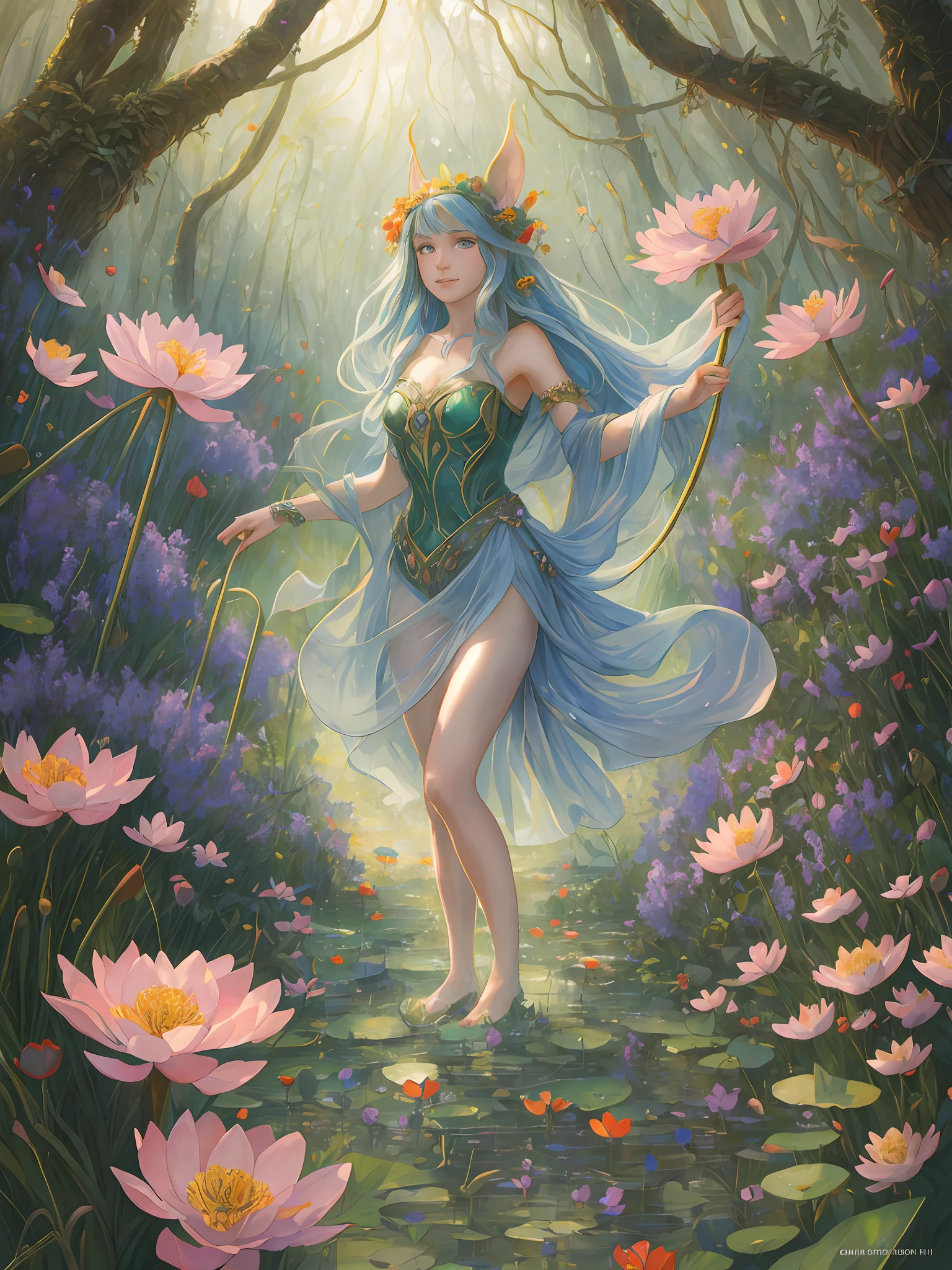facing forward, looking at camera, happy joyful joyous, Ethereal Forest Mushroom Elven Goblin Queen, made of translucent water and light earth and grass and gas and wind, plushy, standing in a lush forest with puddles and poppies and baby-blue flowers and lavender and orchid and lotus and lily pads and ferns, hyper detailed, grasspunk earthpunk, in the style of Daeni, Brian Froud, Erin Hanson, Mandy Jurgens, Jeremy Mann, James Jean, Gerhard Richter, cinematic lighting, raking light, long shadows --auto --s2