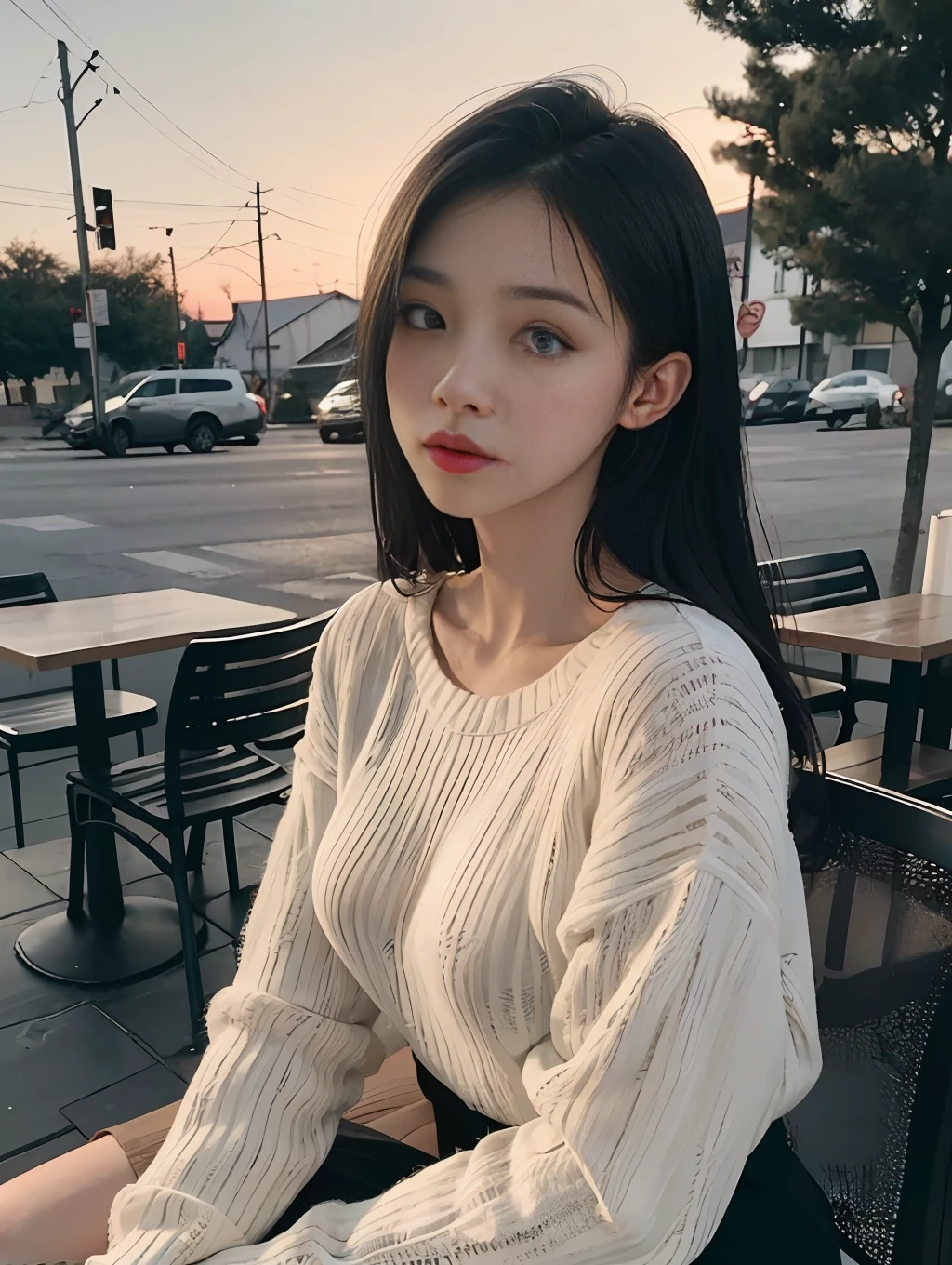 Black and white, cinematic bloom,Raw photo, realistic,girl, Korean girl,age 22, full body,pale skin,petite body, beautiful face, detailed face,black fishnet sweater dress,big breasts, upper body, sitting, cowboy shot, outdoor, night, restaurant, ((looking at viewer:1.4)),((face towards me)), from below,side profile