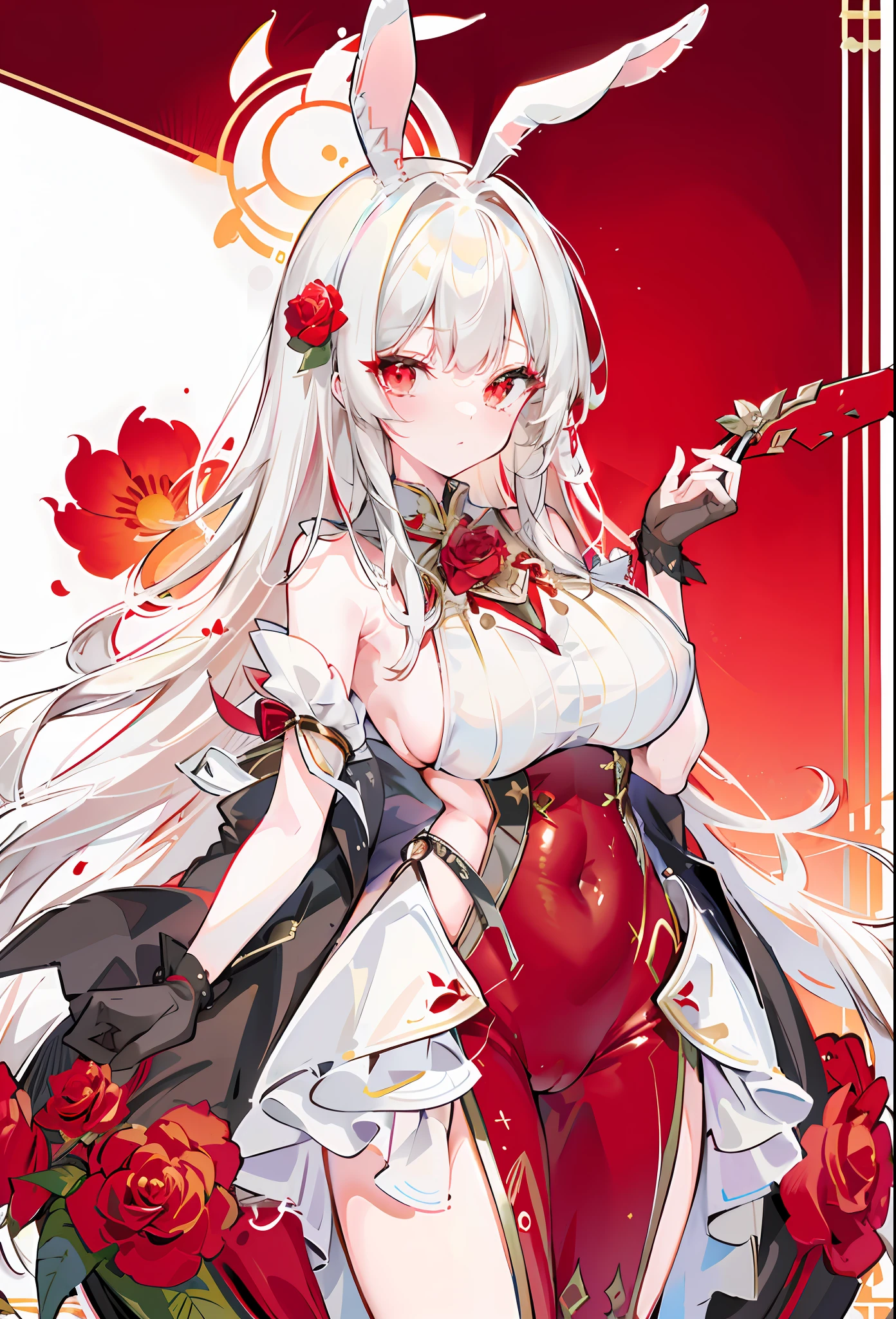 One Girl, Solo, (Large: 1.4), ((Hi-Res)), ((Masterpiece)), ((Best Quality)), ((Very Detailed)), (Very Detailed)), Sexy, Long White Hair, Red Eyes (Eyeliner), Red, Reverse Bunny Suit, Rose Flower,