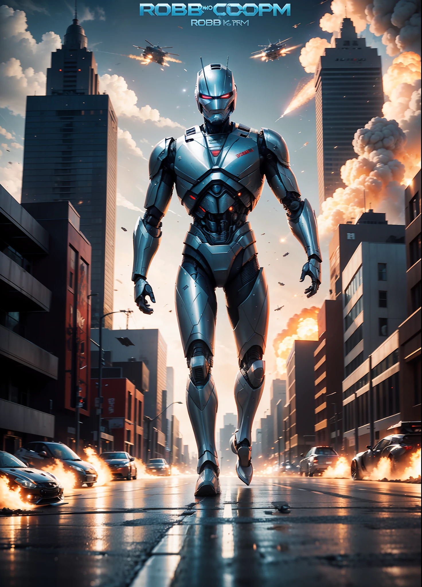 Poster of the movie robot robocop of the Future walking, explosions, weapons, cars, planes