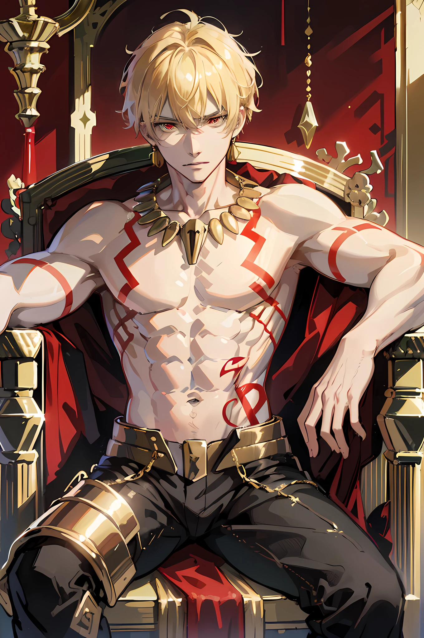 (absurdres, highres, ultra detailed, HDR), masterpiece, best quality, Gilgameshtopeless, 1man, solo, handsome, short hair, blonde hair, vibrant red eye, finely eye and detailed face, topless, gold armor, tattoo, weapon, sitting on throne, smirk,