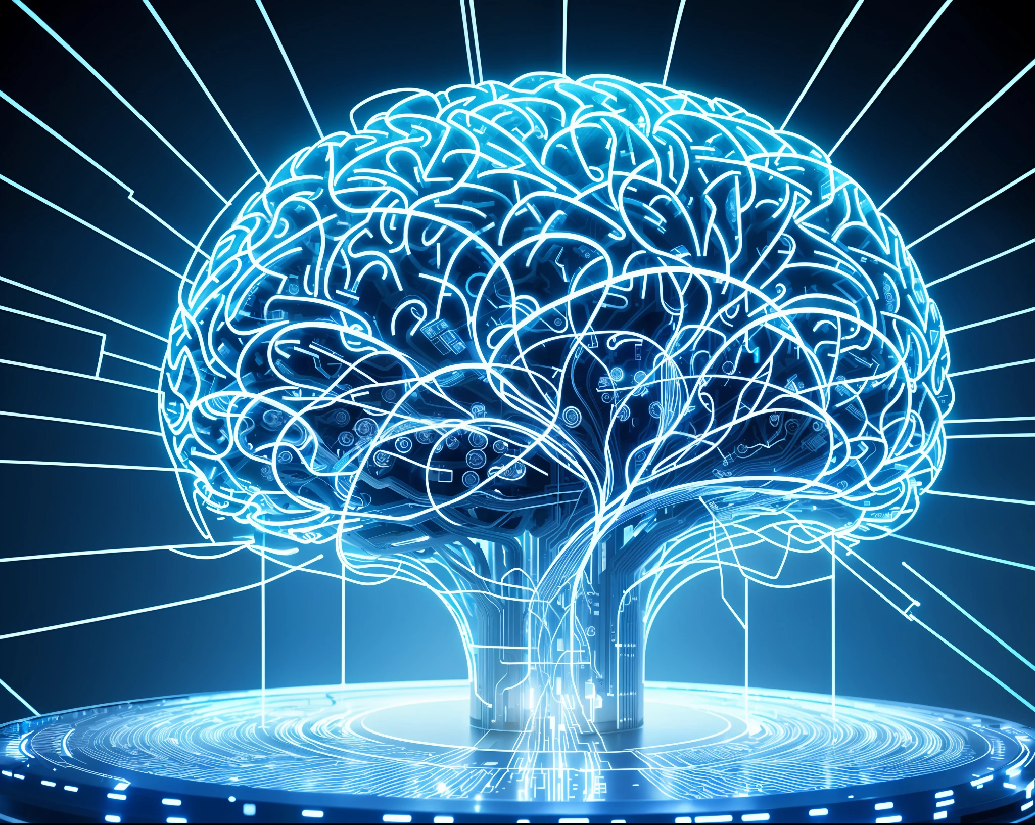 intriguing and thought-provoking illustration of a cybernetic brain. The focal point of the image is a detailed and highly-realistic representation of a human brain, intricately wired and connected to a network of advanced technology. The brain is depicted as glowing with energy, and the intricate network of wires and circuits that surround it creates a sense of complexity and intelligence.
The background is a stylized representation of a futuristic laboratory or research facility. The overall design is sleek and minimalistic, with a color palette of cool blues and grays, conveying a sense of cutting-edge technology and innovation.
The brain is depicted as the center of a larger system, with wires and circuits connecting it to various machines and devices, such as servers, and screens. The overall illustration is meant to convey the idea of a fusion of technology and the human brain, a powerful tool that enhances cognitive abilities, and it's a powerful tool for research and development.
