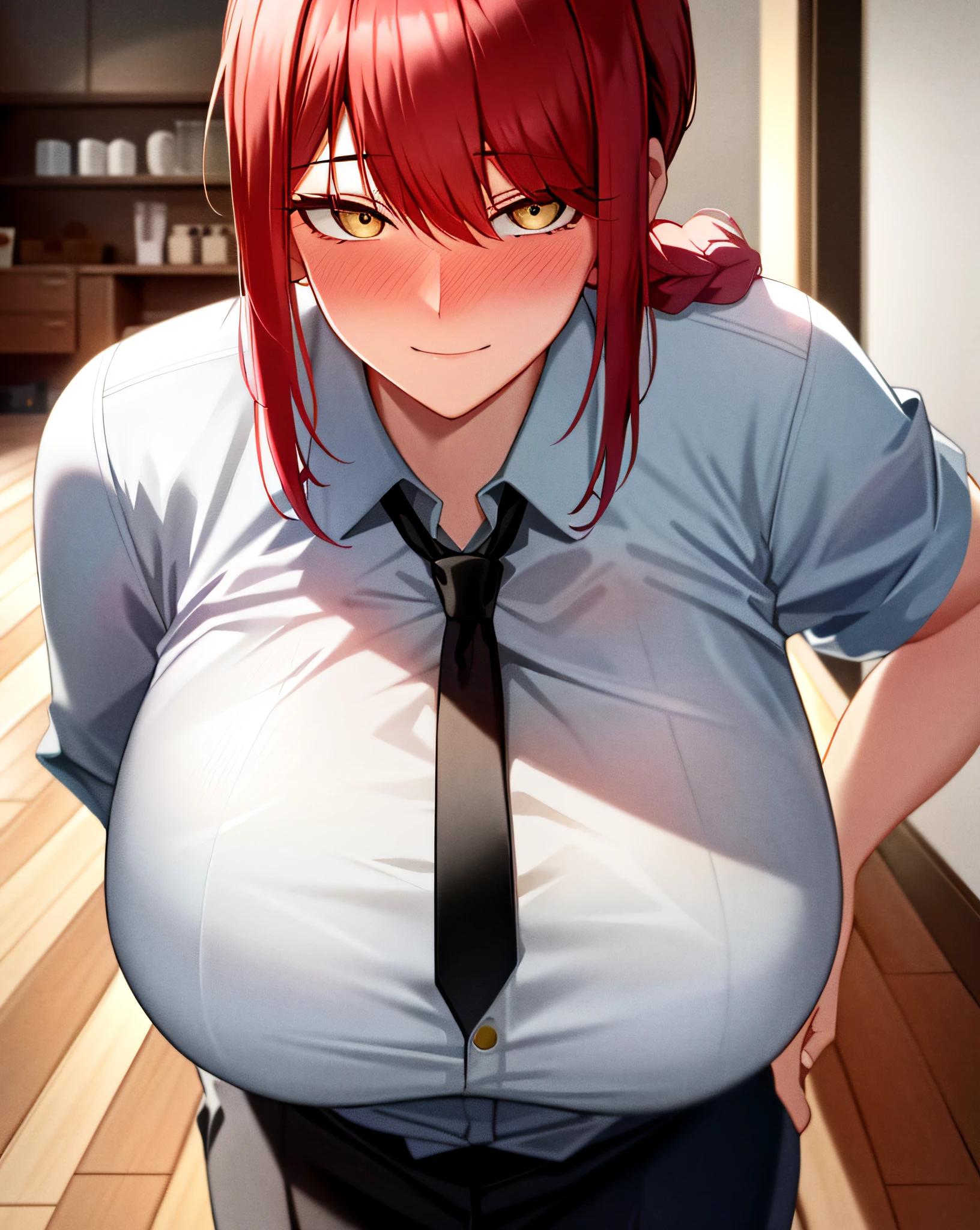 best quality, 1girl, white wet shirt, collared shirt, black necktie, black trousers, nose blush, looking down, sensual, rotated, granny flat, evening, corneo_makima, makima \(chainsaw man\), (large breasts:1.4) , fingersmile:1.2, bored, nose blush, ringed eyes, red hair, braided ponytail, color connection, colorized, vibrant color scheme, colorful, spot color, nsfw, cinematography, hyperdetailed, beautiful face, 4k, HD, artstation trending on artstation
