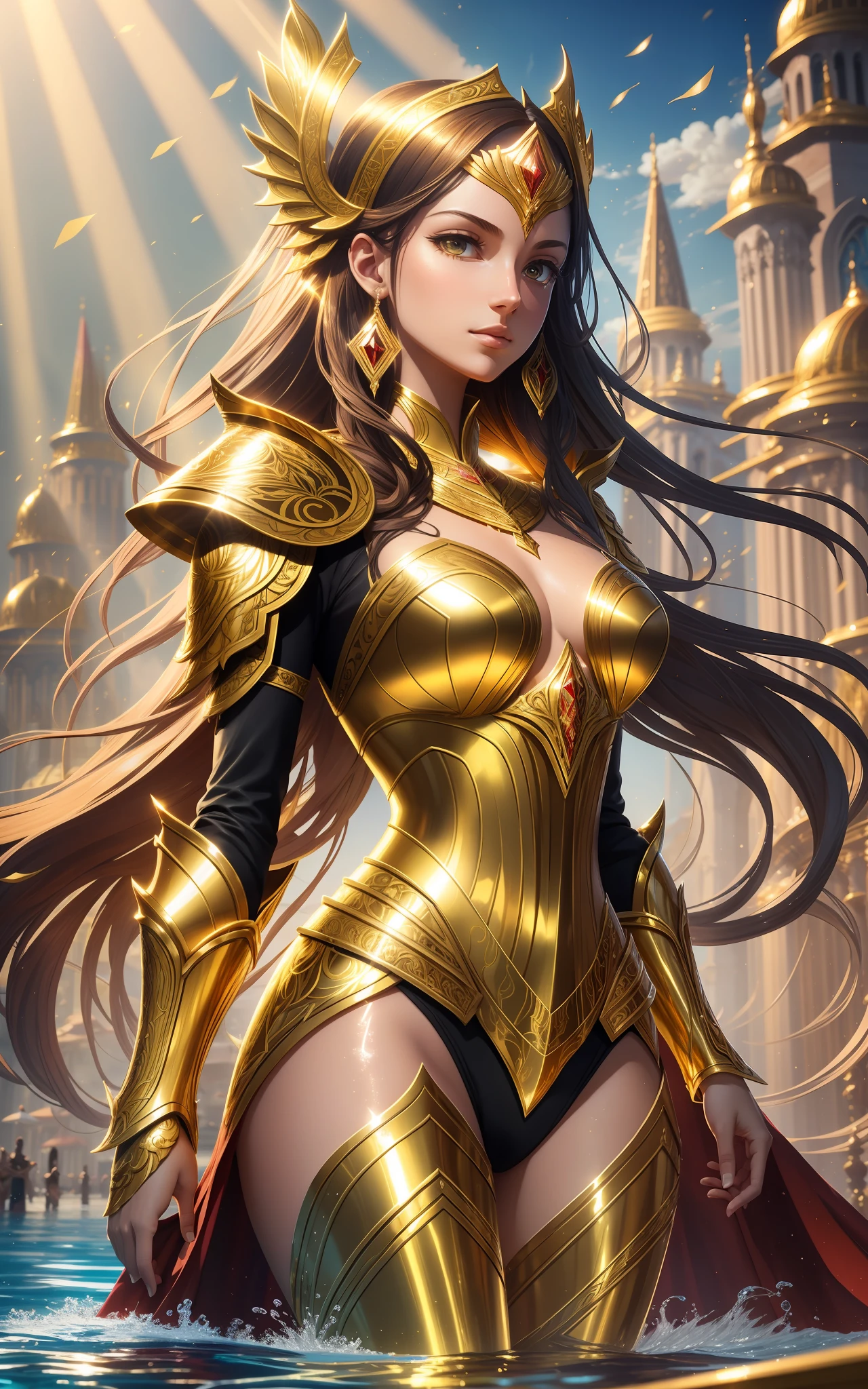 award winning concept art of tall (1girl:1.2) in gold and red shiny ornate armor in the pool, epic, god rays, centered, (masterpiece:1.2), (best quality:1.2), Amazing, highly detailed, beautiful, finely detailed, warm soft color grading, Depth of field, extremely detailed 8k, fine art, stunning, iridescent, shiny, (light reflections:1.2), (crisp:1.5), curls, wind, vibrant, sunlit, edge detection