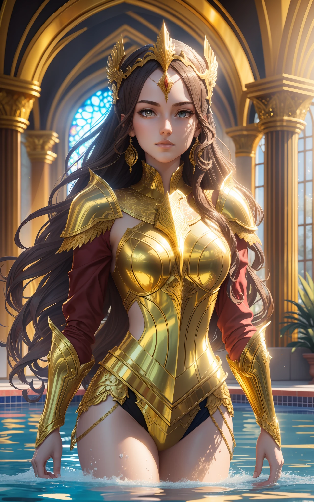 award winning concept art of tall (1girl:1.2) in gold and red shiny ornate armor in the pool, epic, god rays, centered, (masterpiece:1.2), (best quality:1.2), Amazing, highly detailed, beautiful, finely detailed, warm soft color grading, Depth of field, extremely detailed 8k, fine art, stunning, iridescent, shiny, (light reflections:1.2), (crisp:1.5), curls, wind, vibrant, sunlit, edge detection