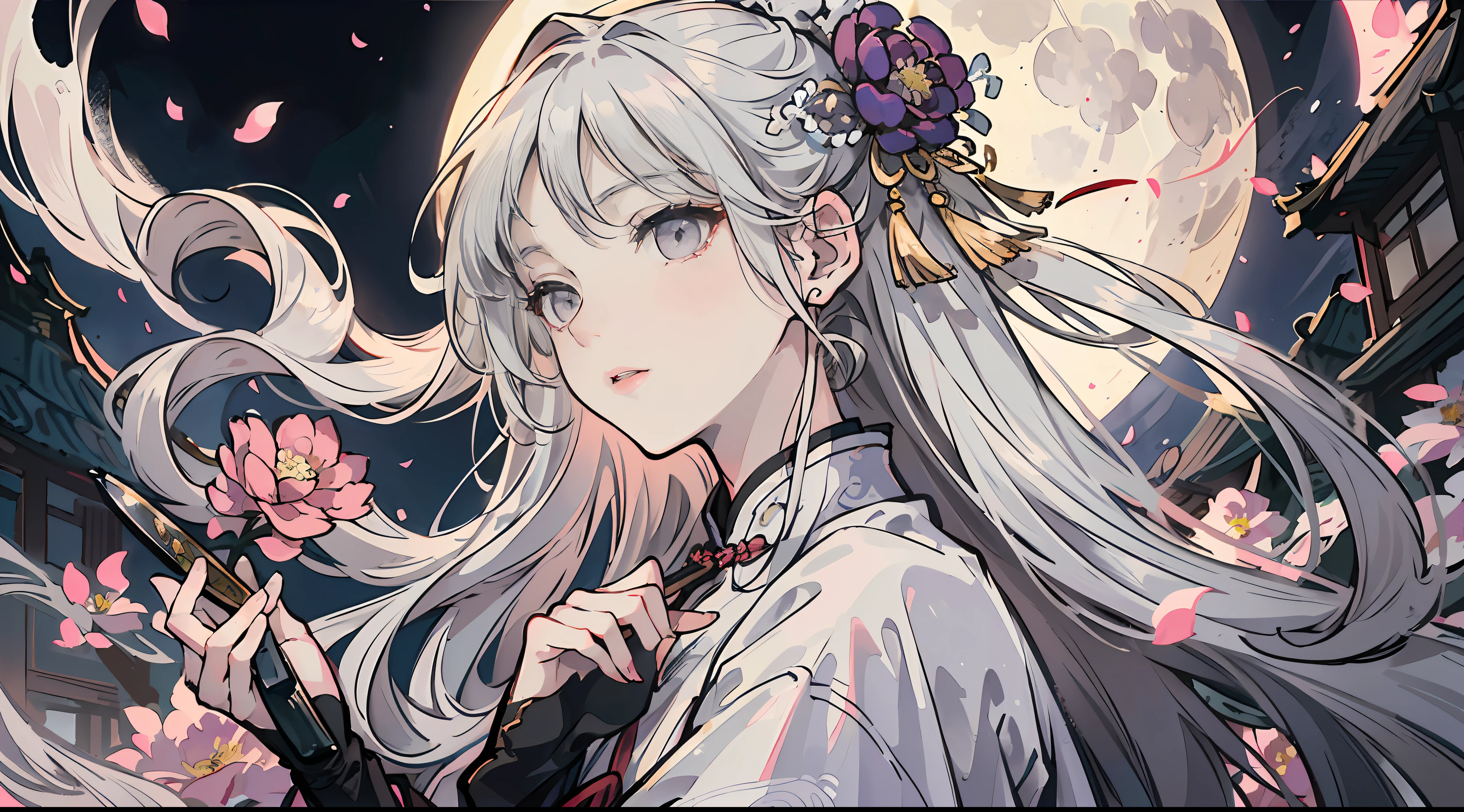 (Masterpiece|Excellent|Chinese Style)+, Ancient China, Mature Woman, Royal Sister, Expressionless, Silver-white long-haired woman, Light pink lips, Intellectual, (Three Bands | Flower Band), Grey Eyes, Assassin, Short Knife, (Full Moon|Night), Calm, (Background|Landscape), Slow Pace Walk --auto --s2