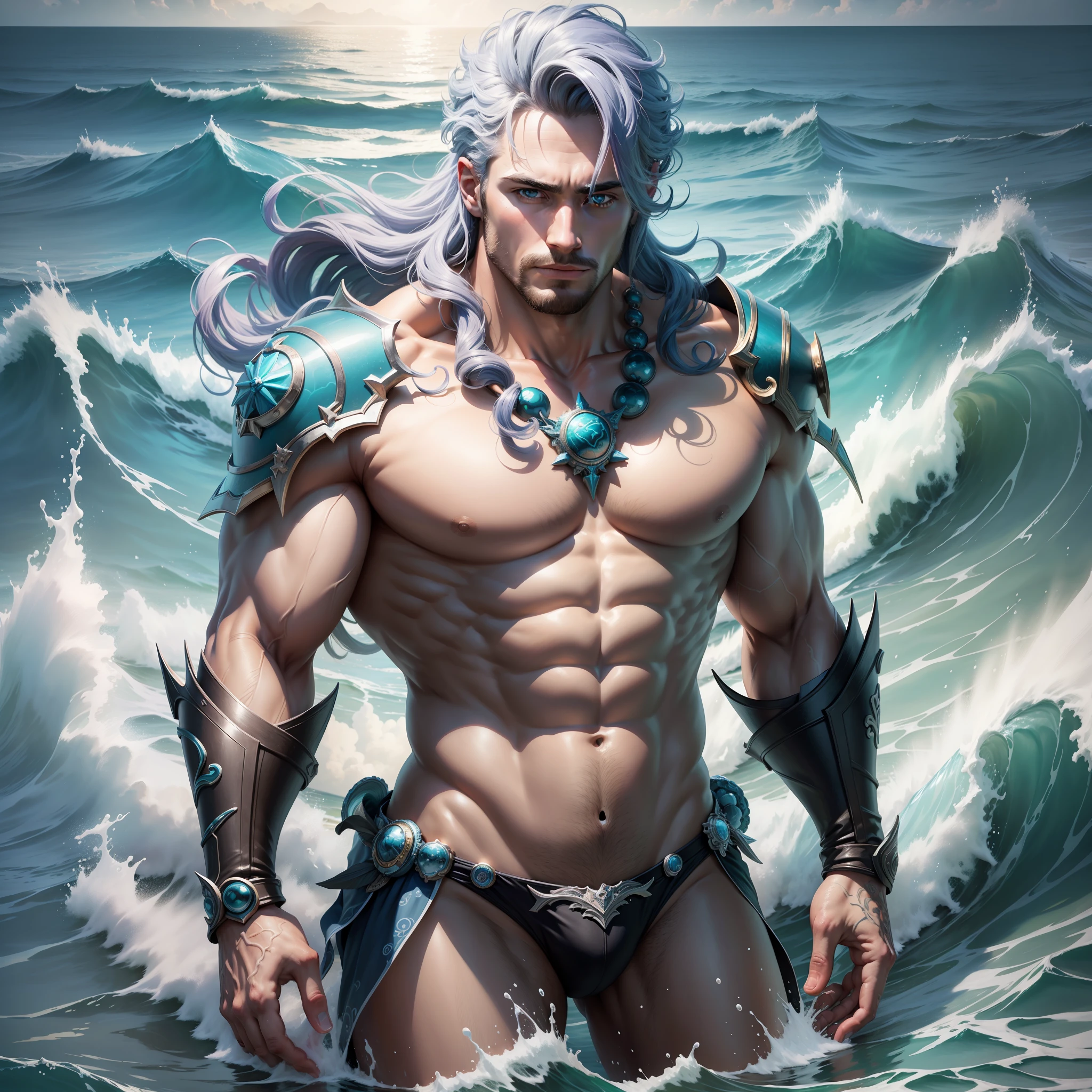 Handsome man with the appearance of Neptune in the sea. Hyper-detailed. Photorealistic. 8k. High quality