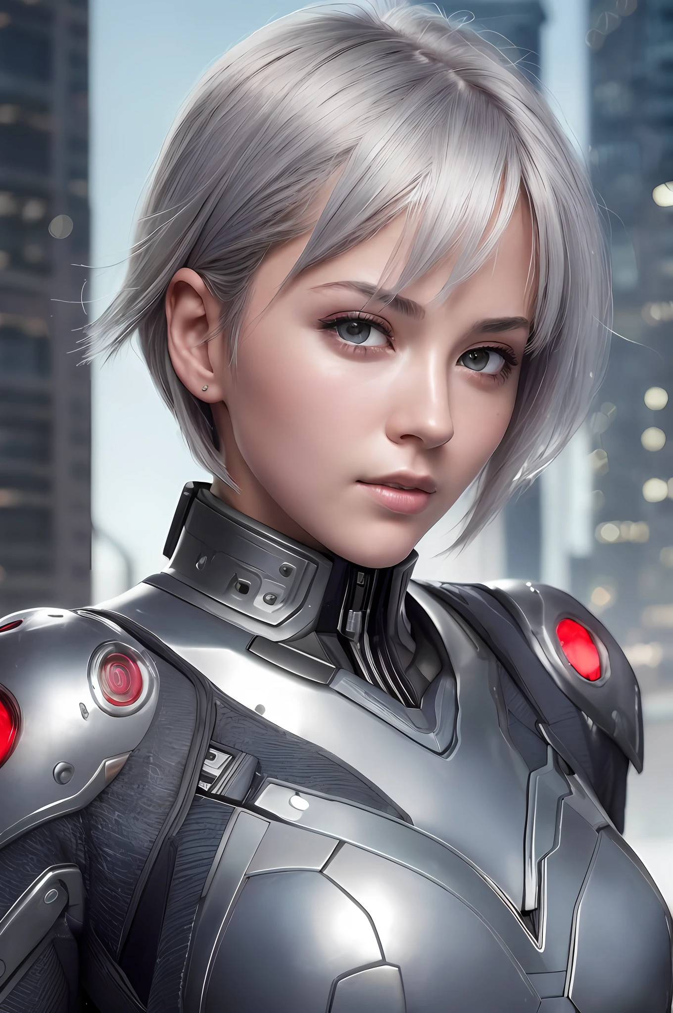 (8k, photorealistic, RAW photo, top quality: 1.4), (1girl), super beautiful, (realistic face), (boyish, silver-colored berry short hair), beautiful cyberpunk suit, glares seducing viewer, beautiful expression, beautiful breasts, (realistic skin), beautiful smile, (soldier), attractive, ultra high resolution, ultra realistic, high definition, spoiled