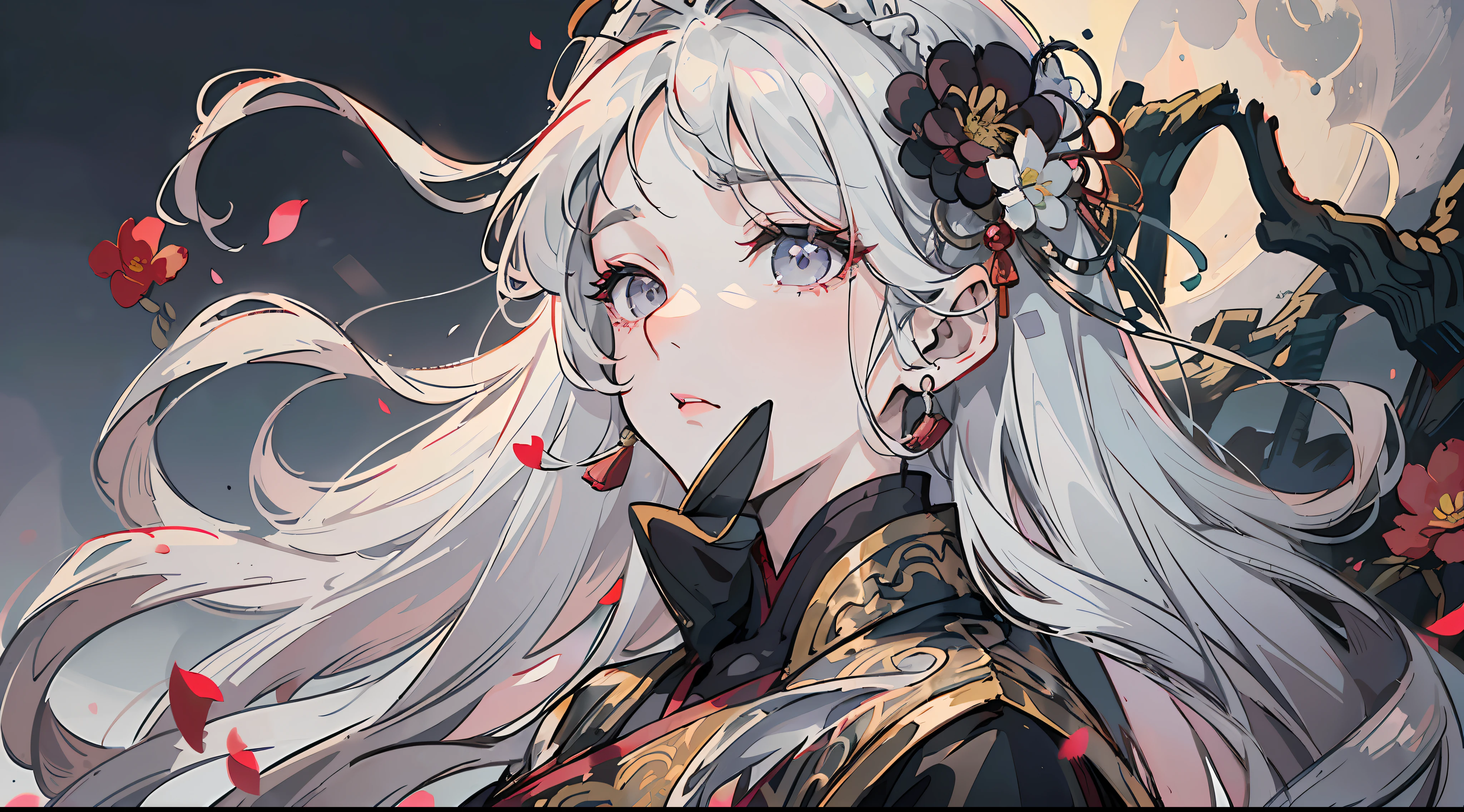 (Masterpiece|Excellent|Chinese Style)+, Ancient China, Mature Woman, Royal Sister, Expressionless, Silver-white long-haired woman, Light pink lips, Intellectual, (Three Bands | Flower Band), Grey Eyes, Assassin, Short Knife, (Full Moon|Night), Calm, (Background|Landscape), Slow Pace Walk --auto --s2