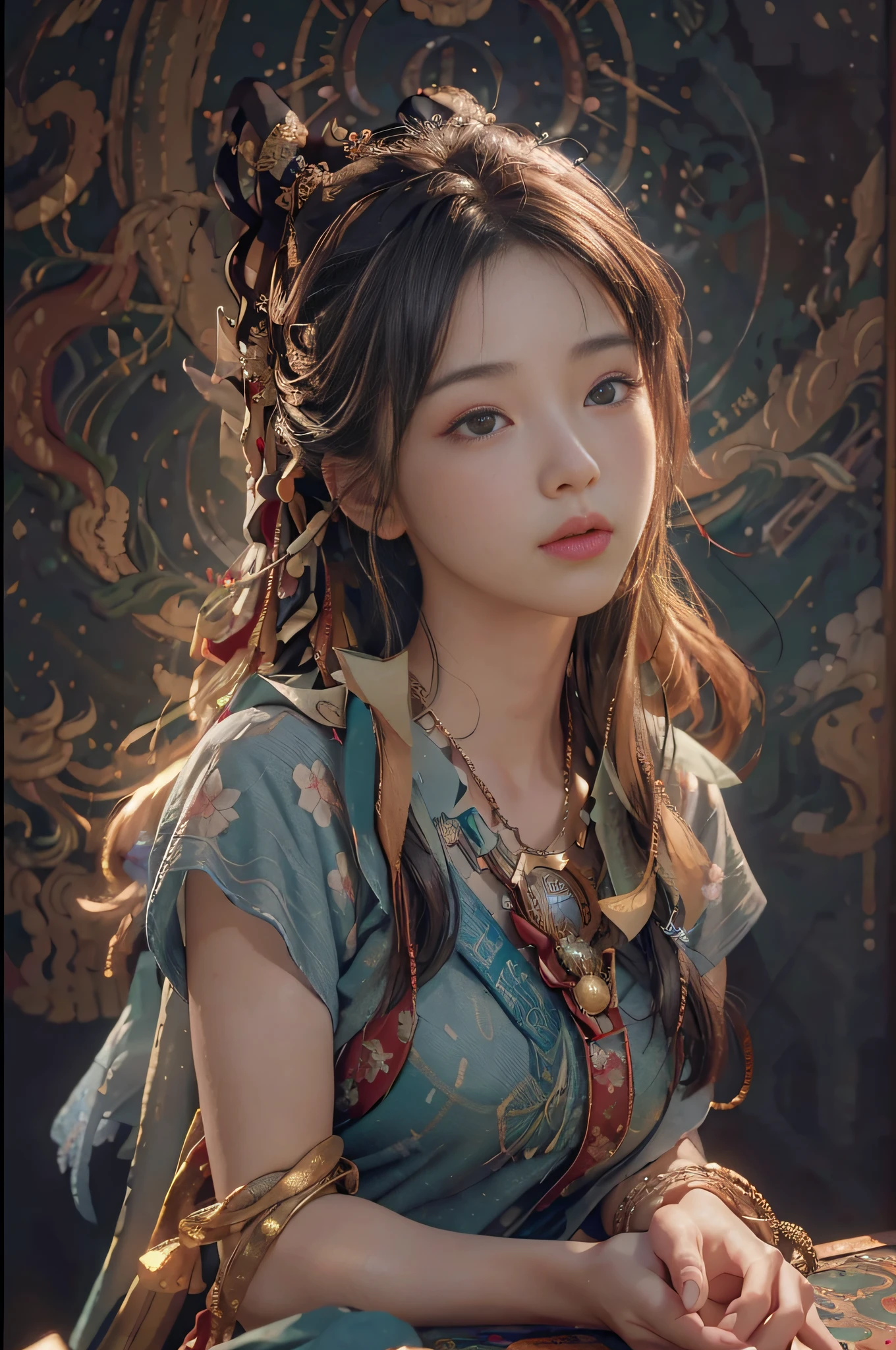 (RAW photo, best quality), (realistic, photo-realistic:1.3),best quality,highly detailed,masterpiece,ultra-detailed,illustration,1girl,upper_body,dynamic angle,world masterpiece theater,messy_long_hair,best quality,extremely detailed CG unity 8k wallpaper,ink,Amazing,cinematic lighting,lens_flare, dunhuang_style