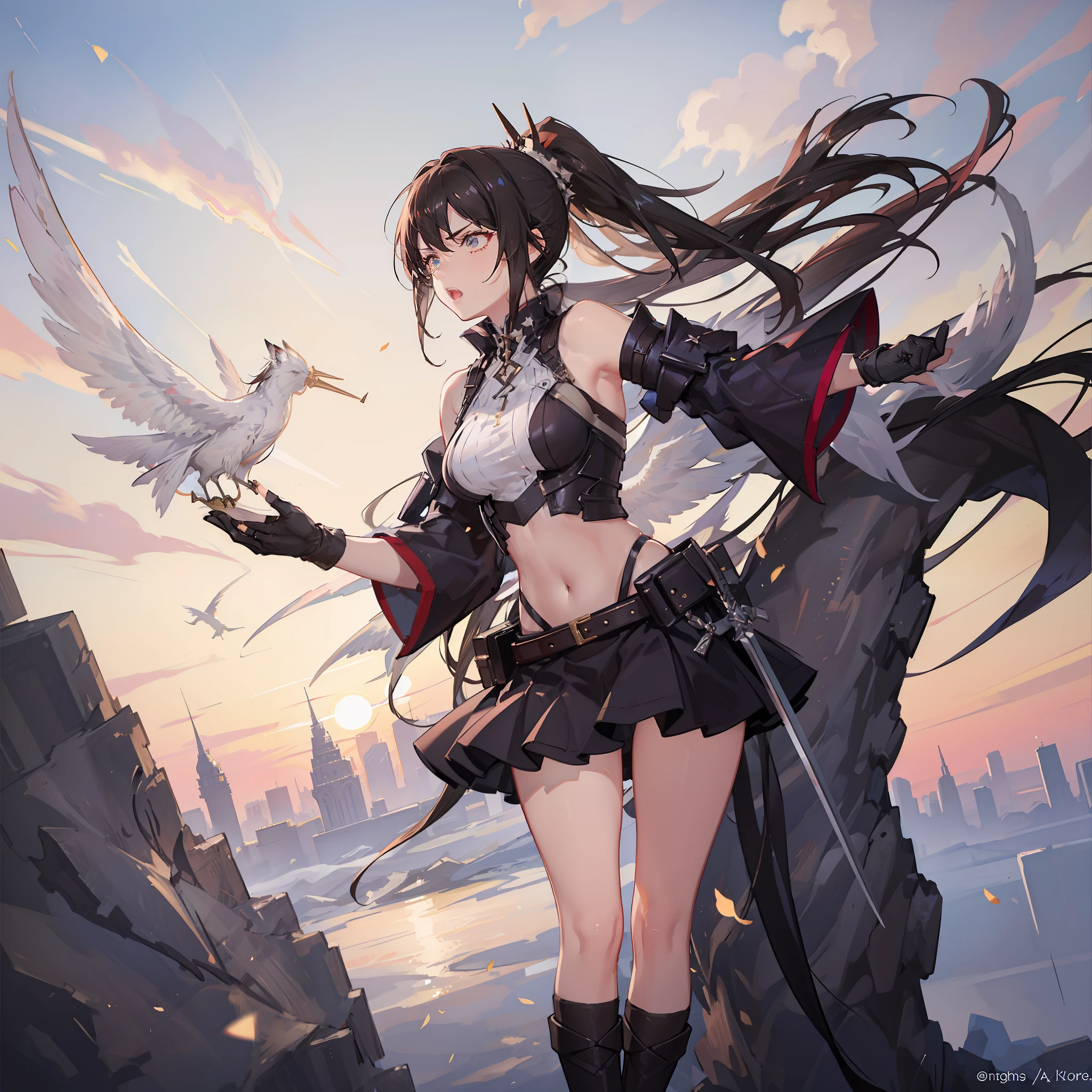 fantasy, 1angel_girl, teen, brown_hair, ponytail_hair, (dark_skin)+, bare_shoulder, navel, thigh,silver_shiny_armor, white_clothes,waist_armor, glebe, hold_swords, big_, angry, dynamic_fighting_pose, floating, (1pair_white_wings), sunrise_city_background,(pelvic_curtain)++, open_mouth, headgear, large_ass