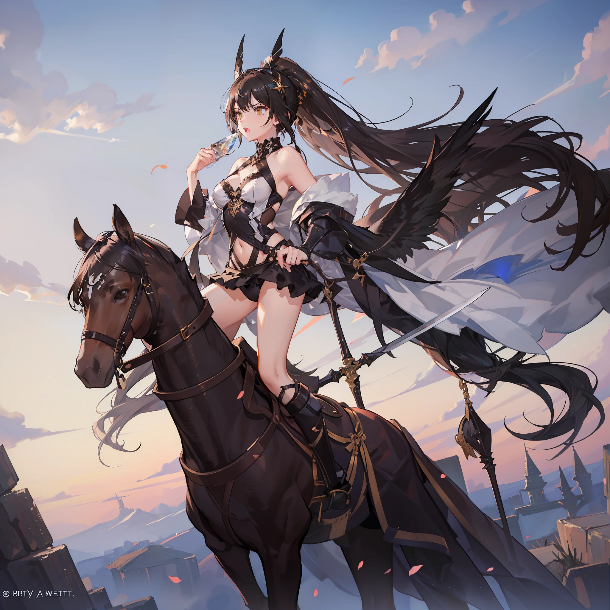 fantasy, 1angel_girl, brown_hair, ponytail_hair, (dark_skin)+, bare_shoulder, navel, thigh,silver_shiny_armor, white_clothes,waist_armor, glebe, hold_swords, big_, angry, dynamic_fighting_pose, floating, (1pair_white_wings), sunrise_city_background,(pelvic_curtain)++, open_mouth, headgear, large_ass