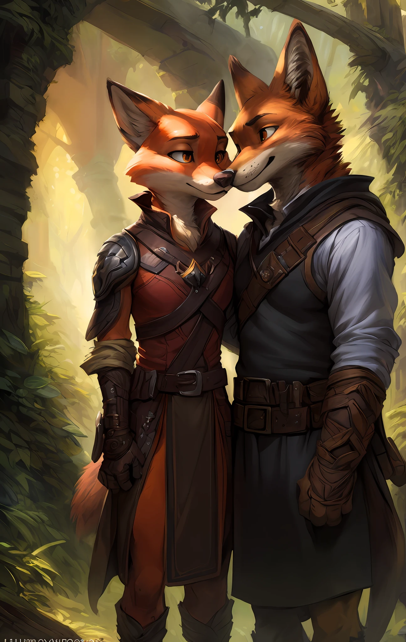 kenket, ross tran, ruan jia, bonifasko, a full size shot of a one character male Nick Wilde made out of (wandering ranger), orange golden eyes, orange fur, white, long black hairs, black male, fantasy portrait, finely detailed brown tunic of brown color, intricate design, double blades, silk, cinematic lighting, 4k,