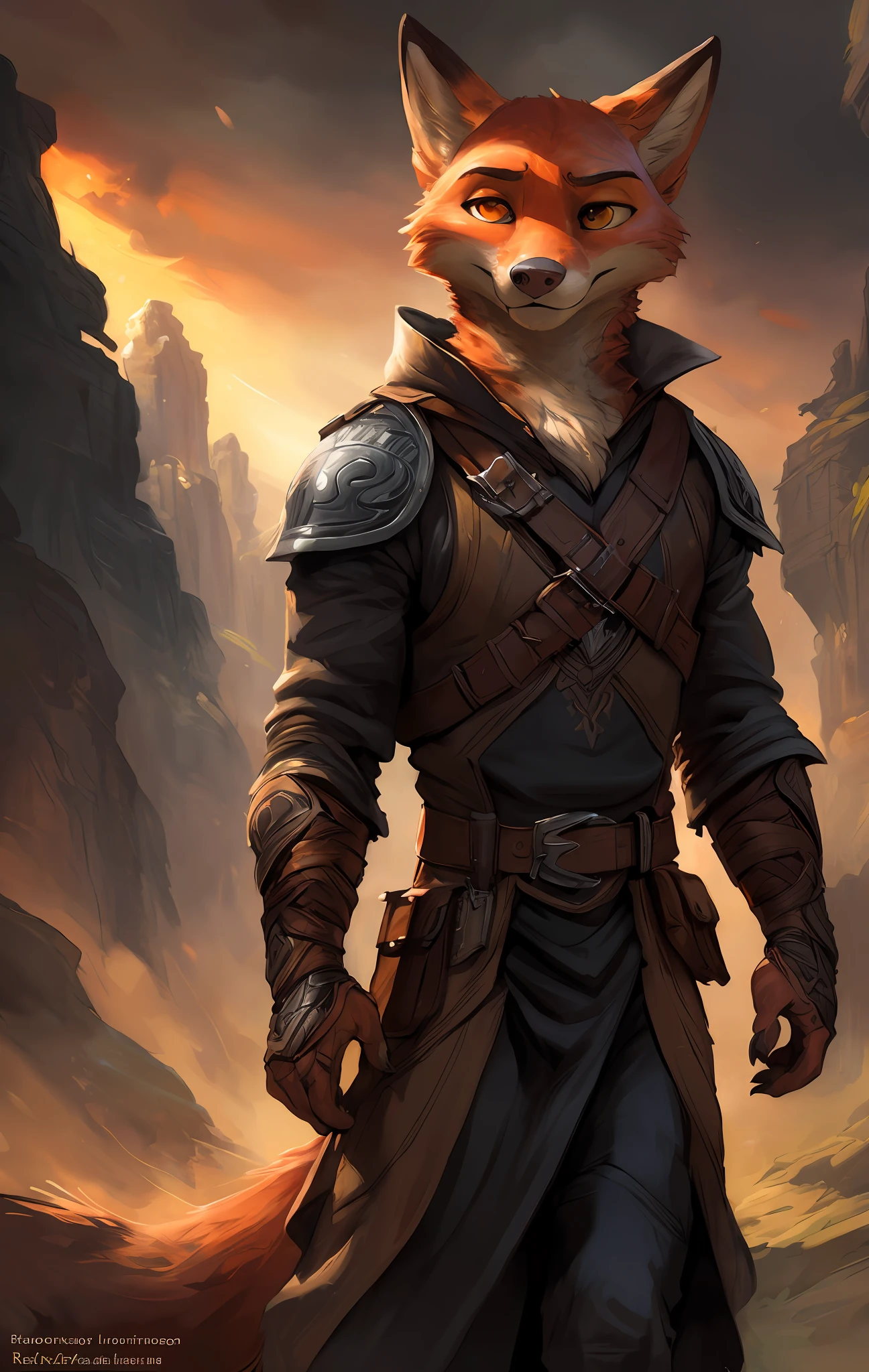 kenket, ross tran, ruan jia, bonifasko, a full size shot of a one character male Nick Wilde made out of (wandering ranger), orange golden eyes, orange fur, white, long black hairs, black male, fantasy portrait, finely detailed brown tunic of brown color, intricate design, double blades, silk, cinematic lighting, 4k,