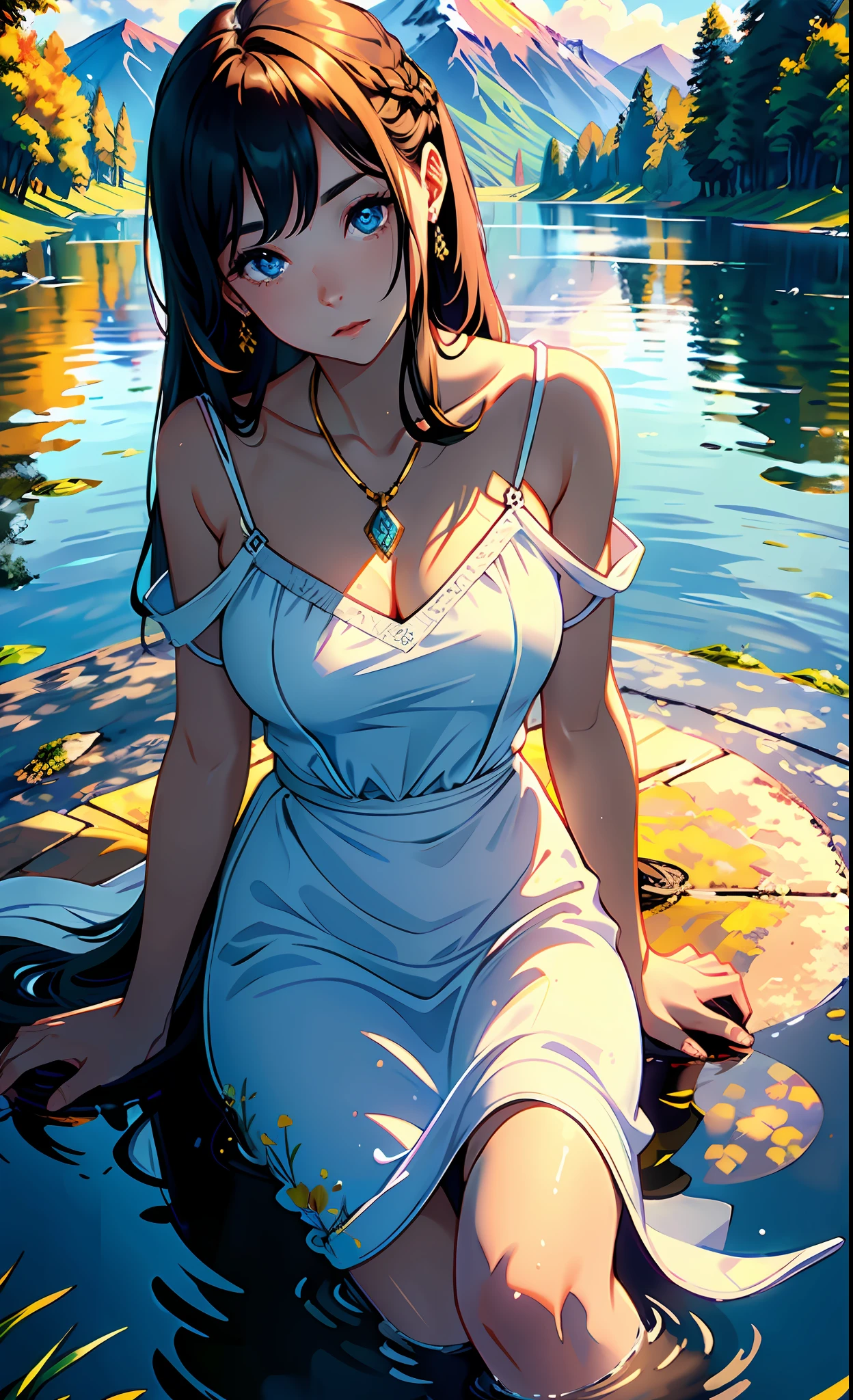 1 girl, serene expression, mesmerizing eyes, straight long hair, flowing dress, poised posture, porcelain skin, subtle blush, crystal pendant
BREAK
golden hour, (rim lighting):1.2, warm tones, sun flare, soft shadows, vibrant colors, painterly effect, dreamy atmosphere
BREAK
scenic lake, distant mountains, willow tree, calm water, reflection, sunlit clouds, peaceful ambiance, idyllic sunset, ultra detailed, official art, unity 8k wallpaper
, zentangle, mandala