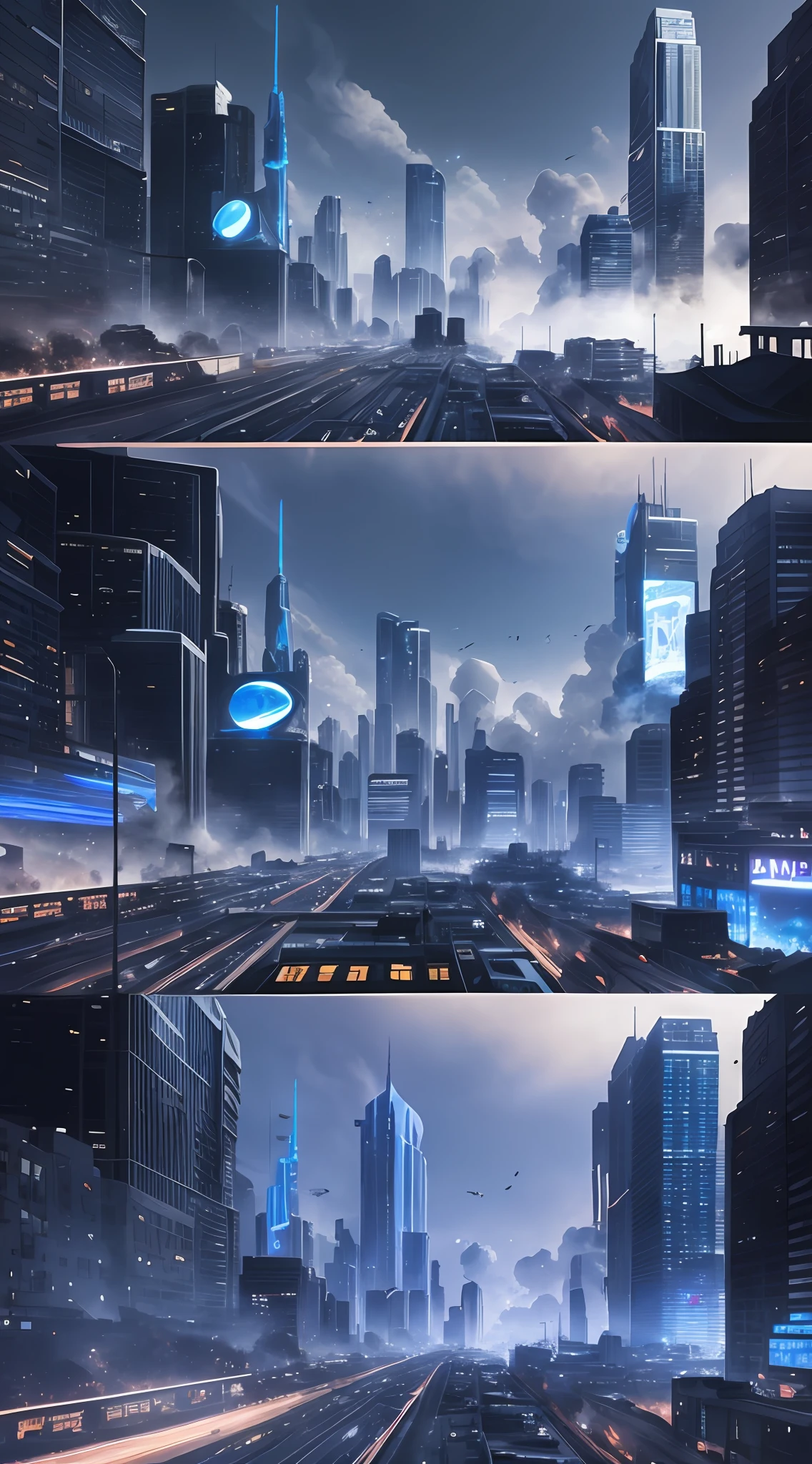 /imagine prompt: [Illustration storyboard] comic page, multiple images on one page: alien spaceship landing on Earth (far view), smoke and dust in the city (medium view), a group of people with weapons, fighting alien creatures (close-up) [multi-camera continuous shooting] cobalt blue and reflective silver, film P30, unequal slash composition, in David Arno Schwaiger style