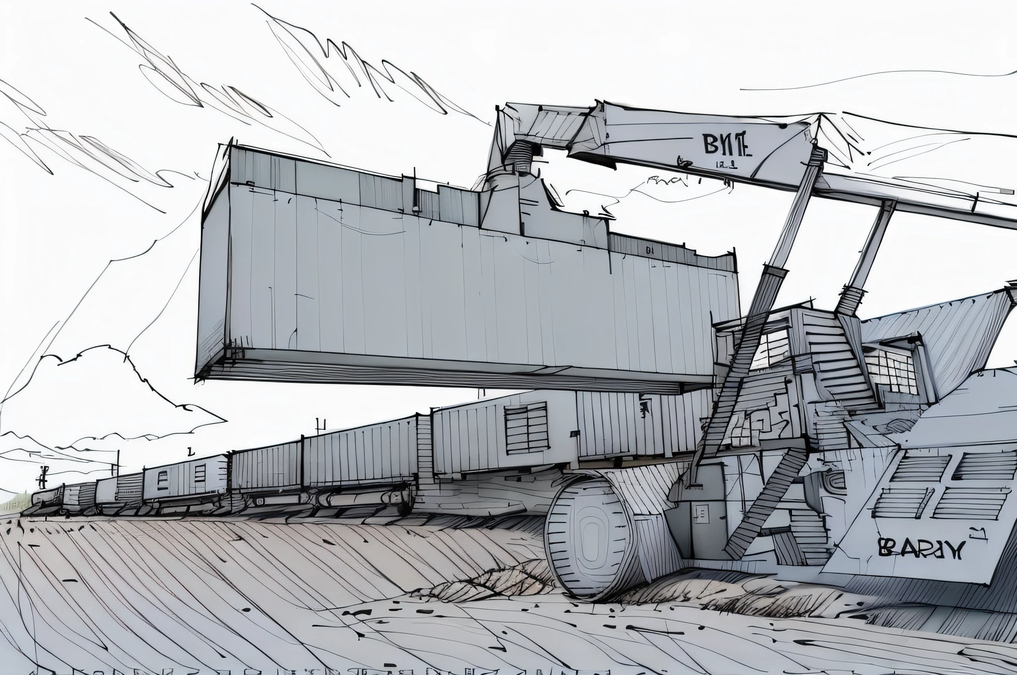 linear, gray, white background, simple background, sketch, sketch, pen_sketch_style, there is a large bulldozer that is parked in front of the wagons, lifts the container, loading, heavy machinery, high detail, large shovel, mining scrap metal, gravel, hard work, massive construction machines
