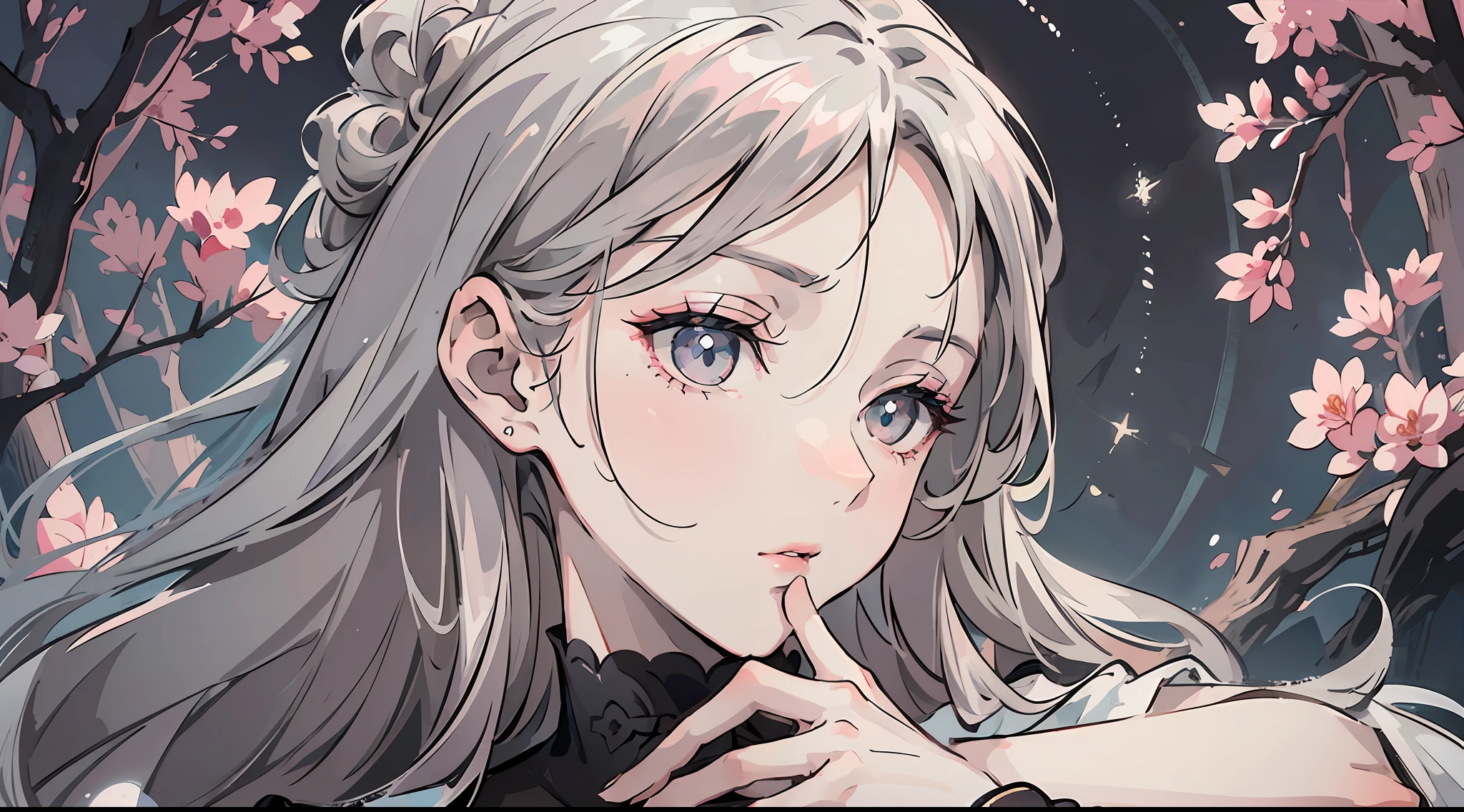 (Masterpiece|Excellent), classical fresh beauty, silver-haired mature woman, eyes with light, delicate face, light pink lips, subtle and elegant, three white, gray pupils, dressed in black, holding a short knife, staring into the distance under the full moon, the background is a quiet and comfortable place.