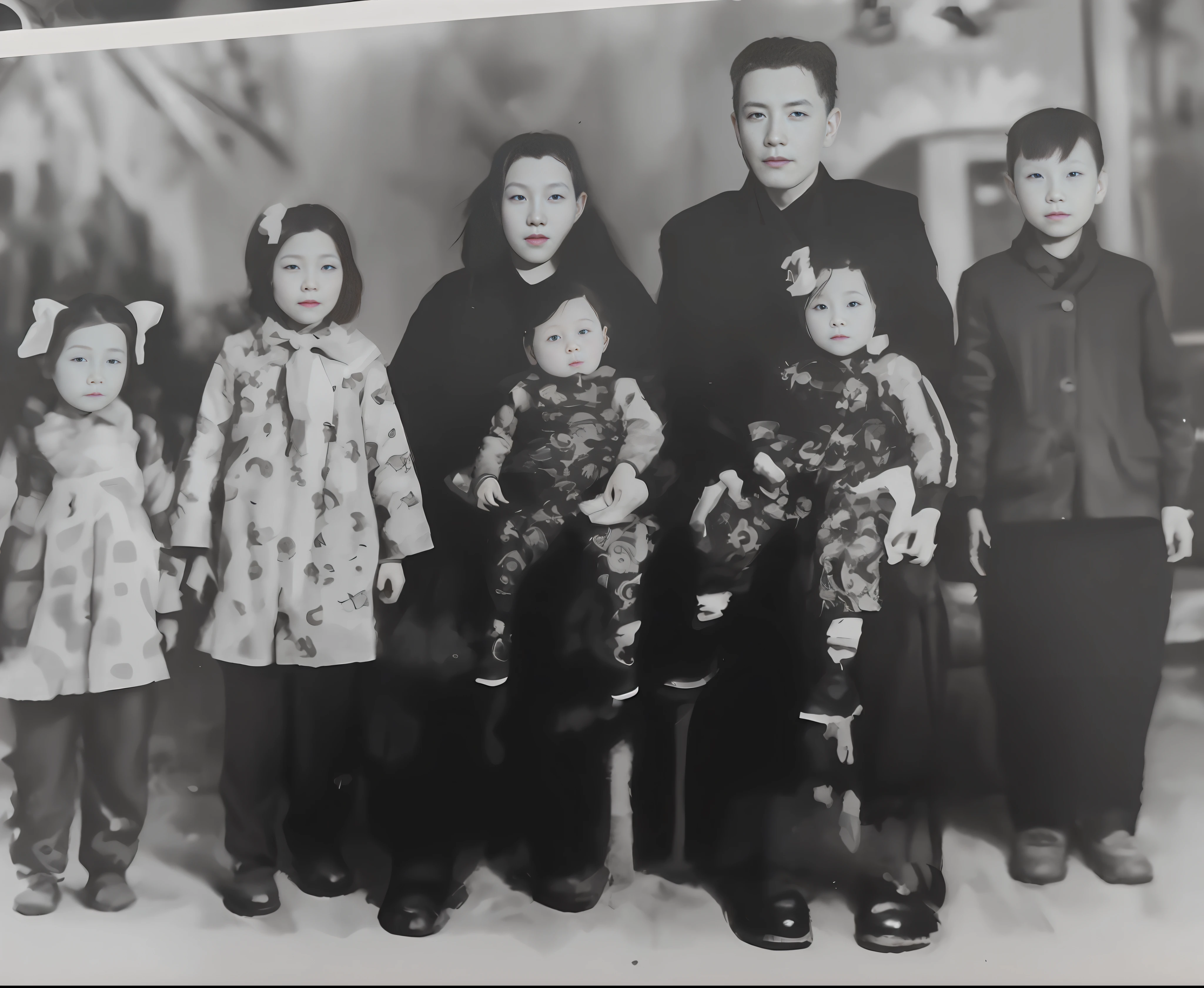 A color photo of a family posing for a photo, historical image, old photo, historical image, unknown location, taken in early 2020s, historical photo, photo taken on 2 0 2 0, 1950s family, about 3 5 years old, old photo, one old Balk and white photo, family portrait, Yi Cong