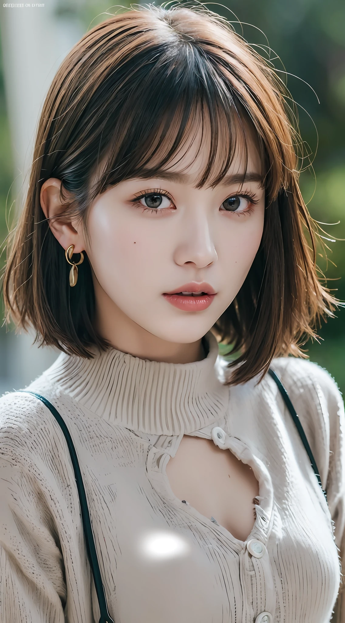 (8k, RAW photos, top quality, masterpiece: 1.2), ultra detailed, super resolution, (real, real photos: 1.37), portraits, high definition RAW color photos, professional photos, very detailed and beautiful, highly detailed, 8k wallpapers, amazing details, huge file size, official art, highly detailed CG Unity 8k wallpapers, highly detailed beautiful girls, highly detailed faces, Highly Detailed Eyes, Highly Detailed Skin, Highly Detailed Fingers, Very Detailed Nose, Highly Detailed Detailed Mouth, Perfect Anatomy, Detailed Background, Detailed Clothes, One Girl, (20:1.2), 20s, Cute Girl, Realistic Body, Petite, White Skin, Radiant Skin, Slim Body, Black Hair, Short Hair, (Blunt Bangs: 1.2), Cute, Youthful, Pretty Face, Realistic Face, Delicate Eyes, Sale Eyes, ( (Fashionable winter clothes)), ((Up)), ((((Short hair)))), Earrings, Looking at the camera, Cowboy shot, Facing Front, Standing Posture, Contrapposto, Dynamic Lighting, C Cup Breasts,