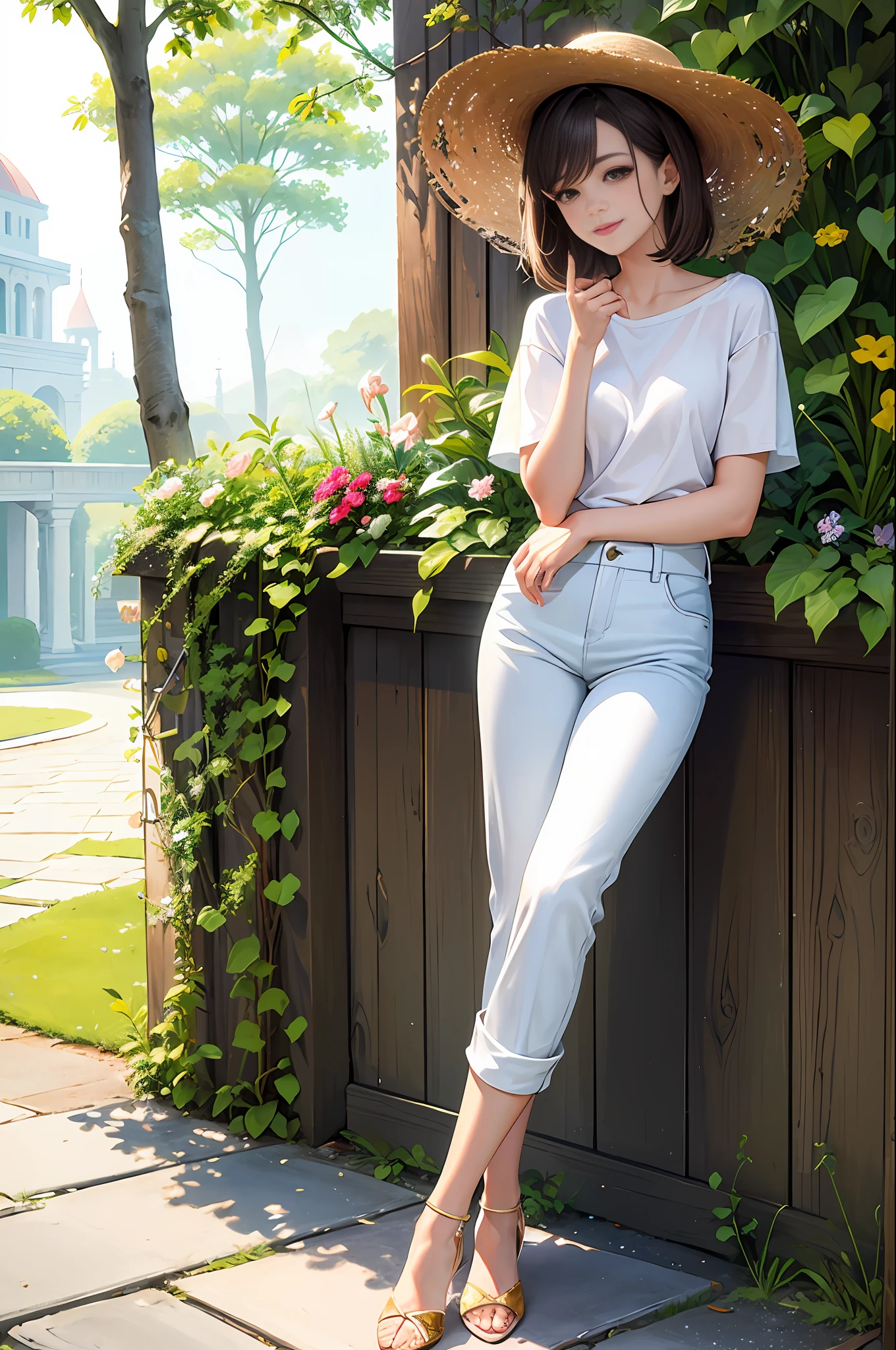 (masterpiece, top quality, best quality, official art, beautiful and aesthetic:1.2), flower garden, glitter, full body, colorful, slender, one girl, white t-shirt ,long trousers , straw hat, big smile, gentle pose, short cut, brown hair, brown eyes, small breasts, top quality face, high nose