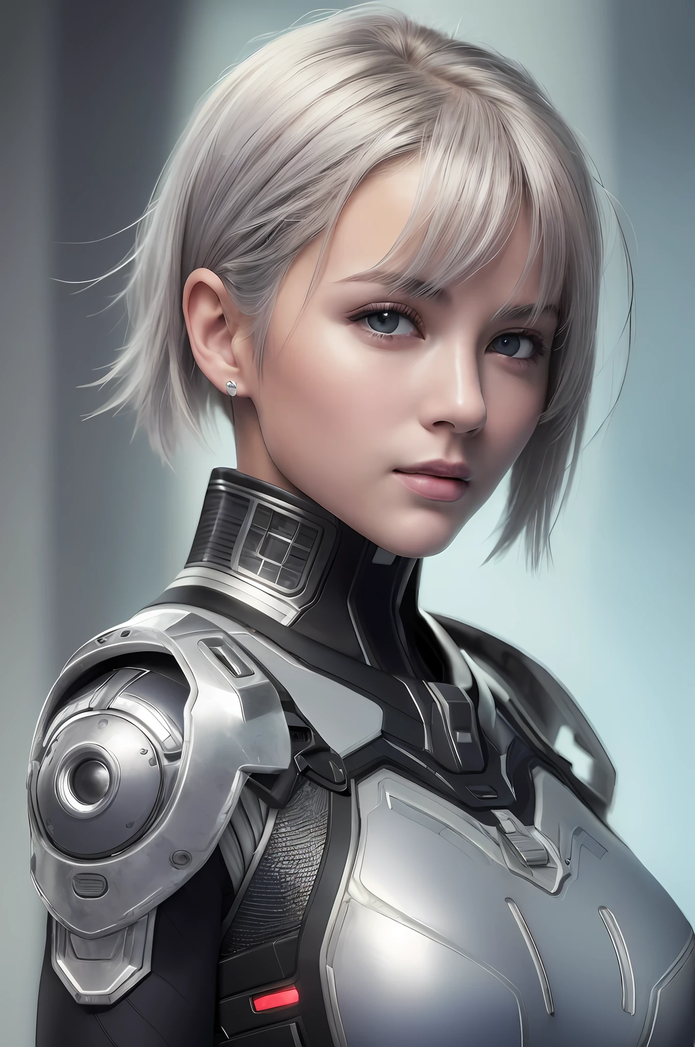 (8k, photorealistic, RAW photo, top quality: 1.4), (1girl), super beautiful, (realistic face), (boyish, silver-colored berry short hair), beautiful cyberpunk suit, glares seducing viewer, beautiful expression, beautiful breasts, (realistic skin), beautiful smile, (soldier), attractive, ultra high resolution, ultra realistic, high definition, spoiled