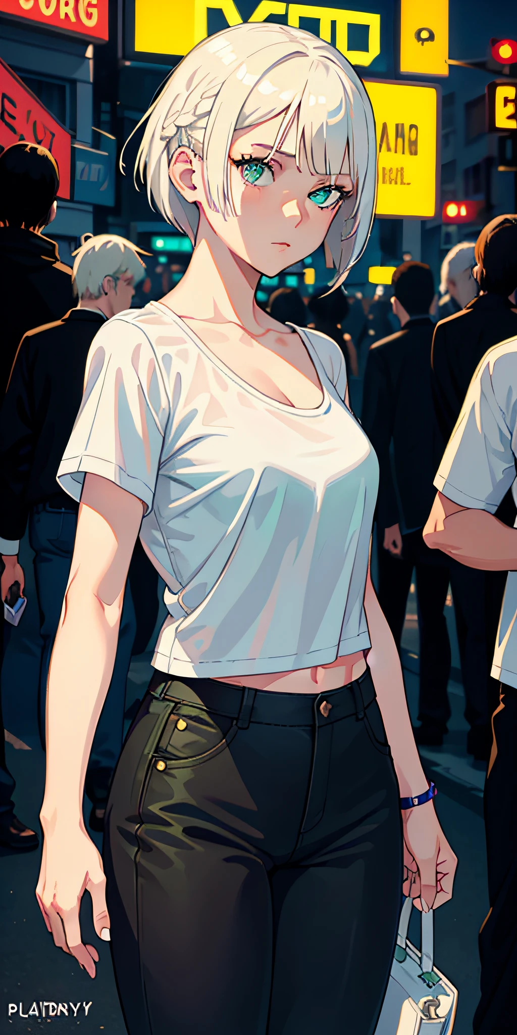 masterpiece, best quality, nsfw, 1girl, platinum blonde hair, short hair, green eyes, braids, small perky breasts, on the street, night, neon light, white t-shirt, braless, black pants, poker face, front view, standing, in crowd,